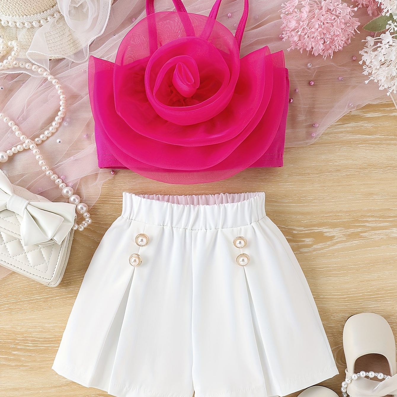 

Little Girl's Sweet & Trendy 3d Rose Floral Camisole + Shorts 2-piece Set Party Summer