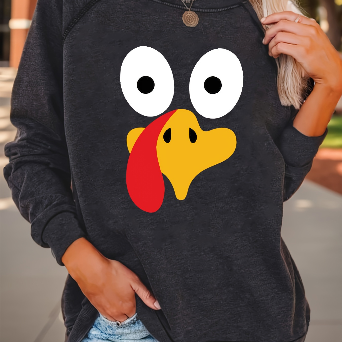 

Thanksgiving Turkey Print Pullover Sweatshirt, Casual Long Sleeve Crew Neck Sweatshirt For Fall & Winter, Women's Clothing