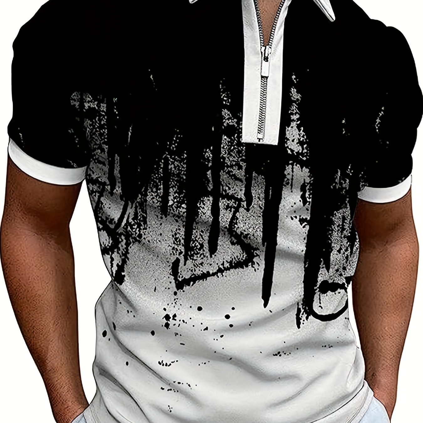 Men's Street Style Contrast Color Graffiti Graphic Print Polo Shirt For Summer, Casual Short Sleeve Polo Shirt Oversized Tops For Males, Plus Size