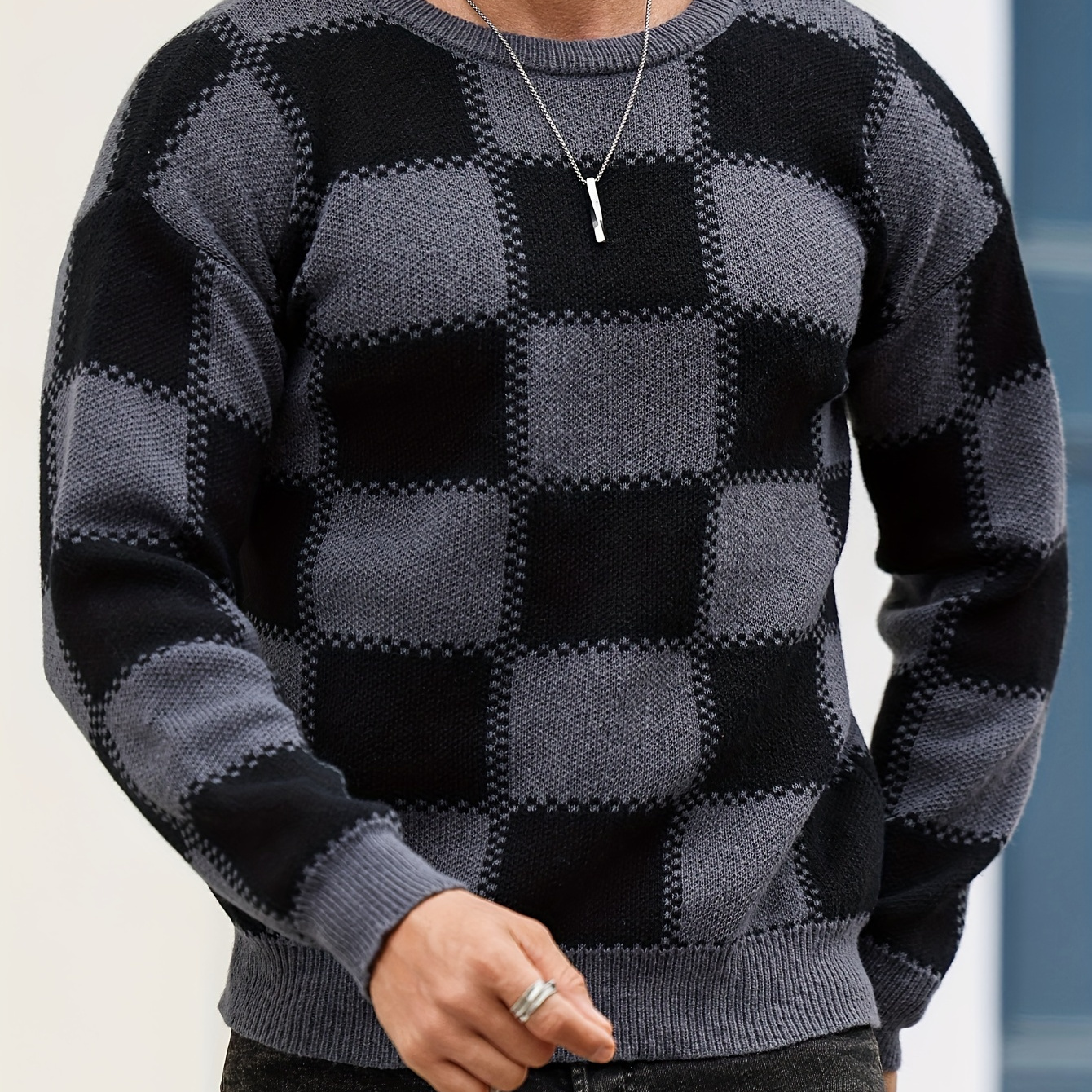 

Men's Color Blocking Textured Checked Trendy Sweater, Long Sleeve Pullover As Gift For Fall And Winter