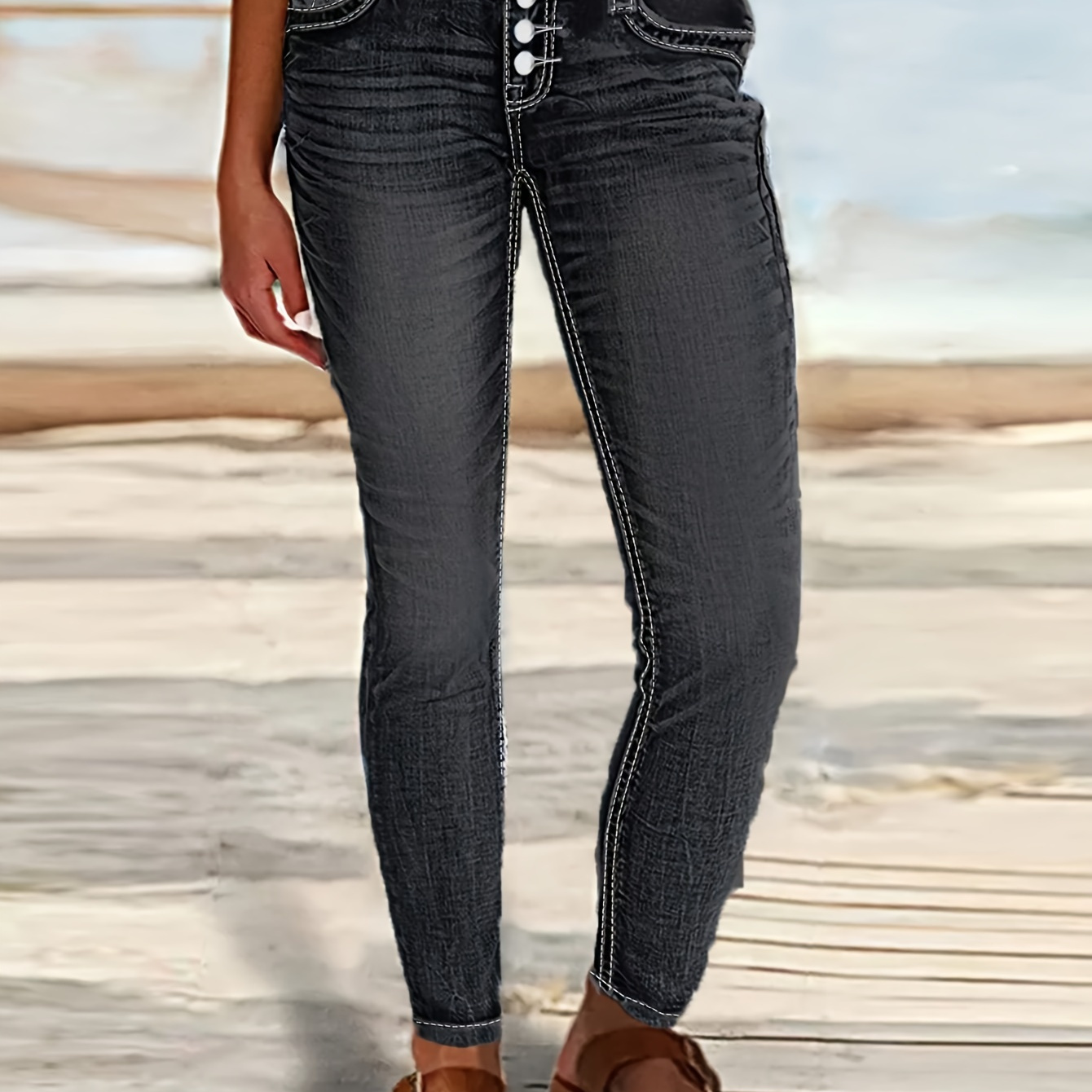 

Women's Tear Detail And Single Breasted Button , With Slanted High Tight Casual Jeans