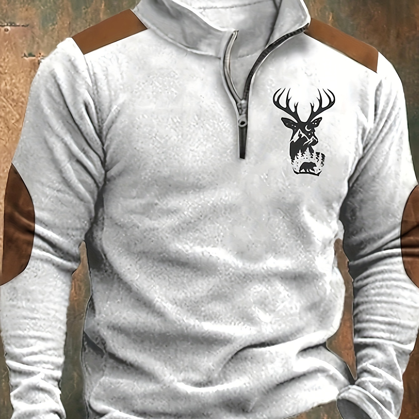 

Men's Casual Knit Shirt With Deer Print - Long Sleeve, Stand Collar, Polyester For All