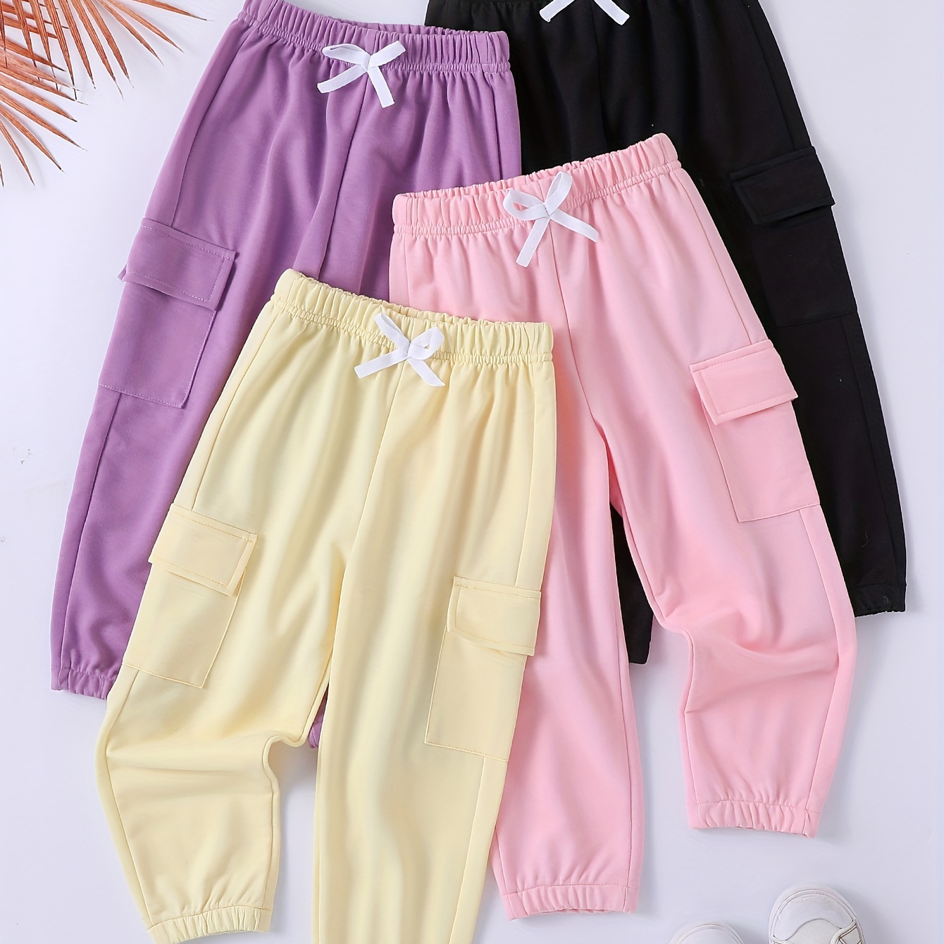 

4pcs Casual Cargo Pants For Little Girls Vibrant Color Pocket Slight Stretch For Spring/fall