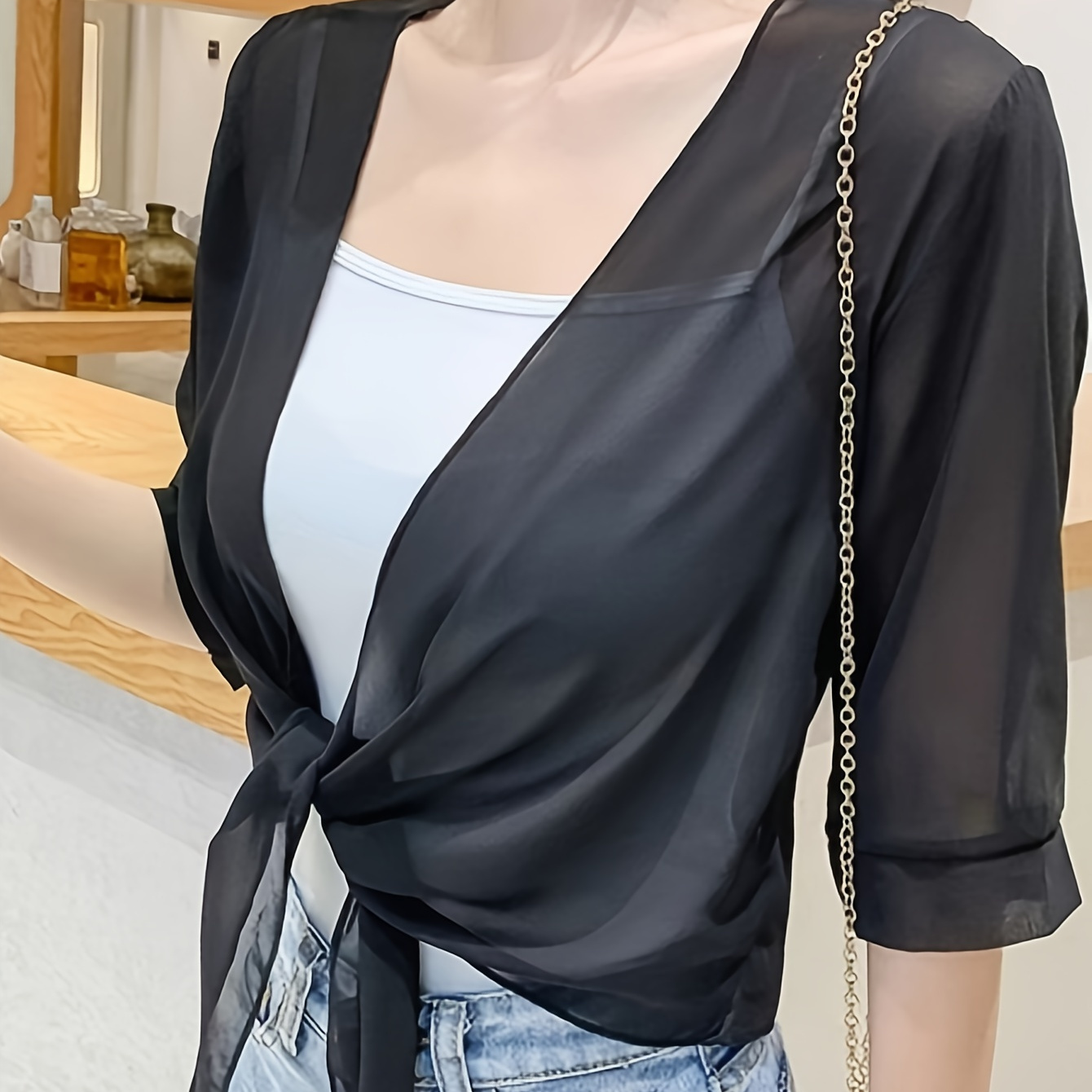 

Solid Color Knot Front Crop Blouse, Casual Short Sleeve Semi-sheer Top For Spring & Summer, Women's Clothing