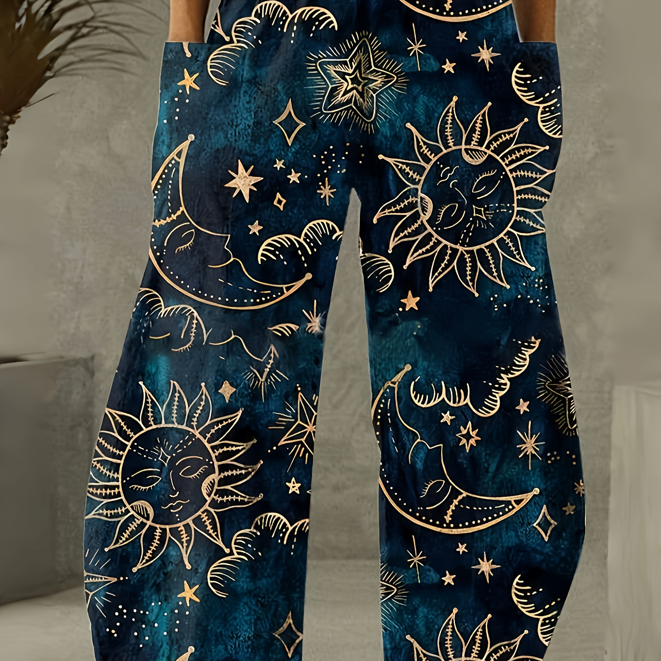 

Starry Night Plus Size Wide-leg Pants - , Casual Polyester With Pockets, Machine Washable, Directed, 0233