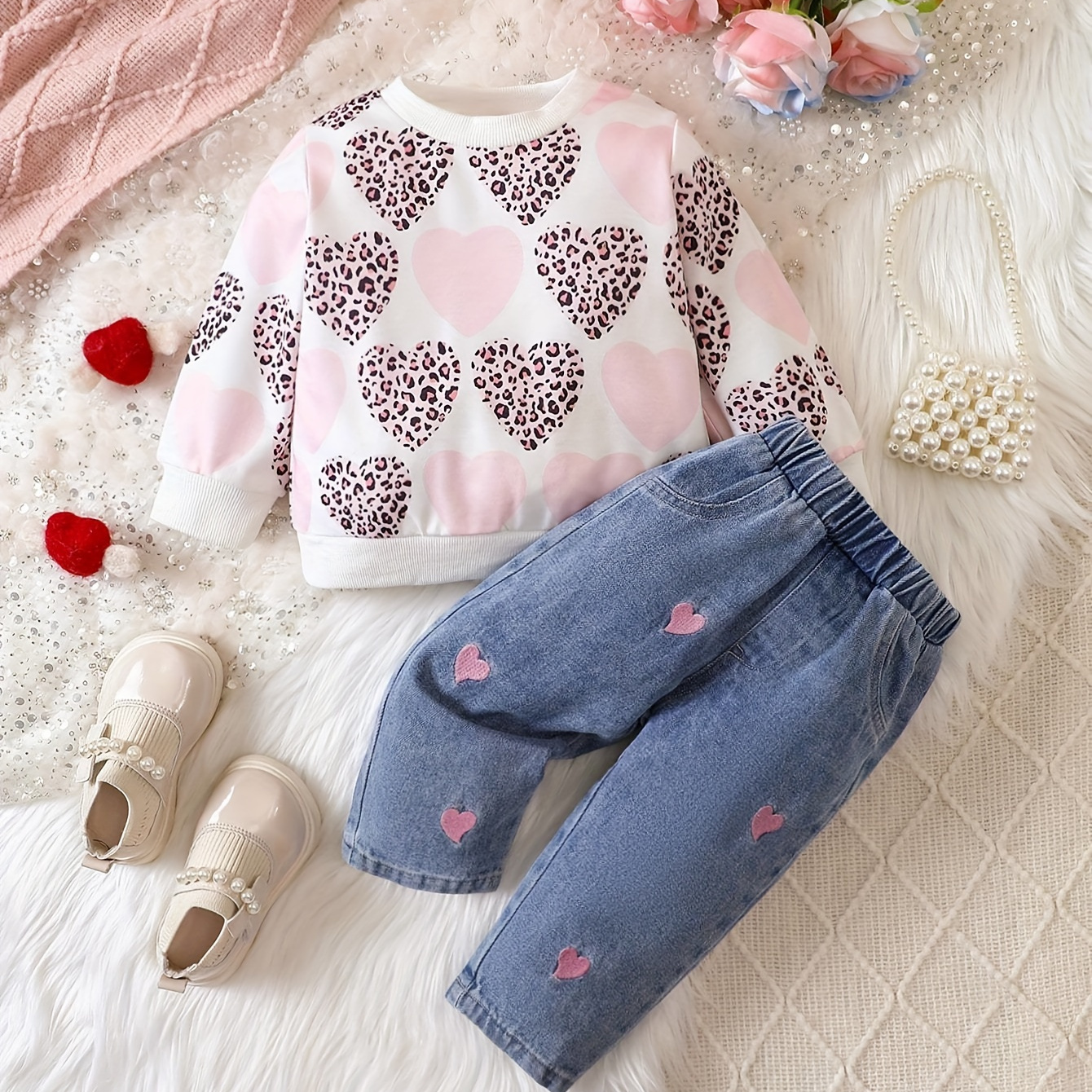 

2pcs Baby's Cartoon Leopard Heart Pattern Sweatshirt + Casual Heart Embroidery Jeans, Toddler & Infant Girl's Clothing Set For Spring Fall