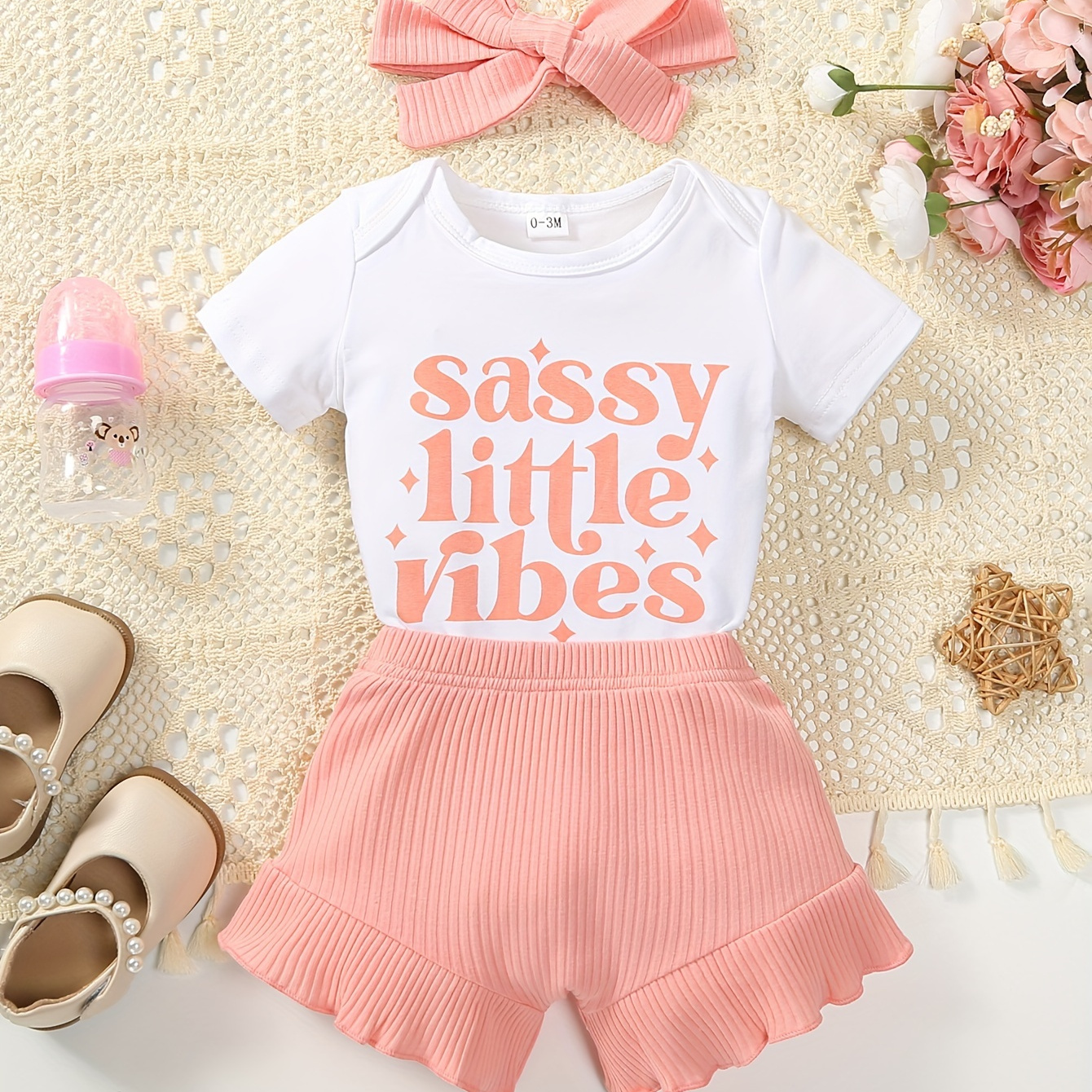 

2pcs Infant & Toddler's "sassy Little Vibes" Print Casual Set, Short Sleeve Romper & Solid Color Ribbed Shorts, Baby Girl's Clothes