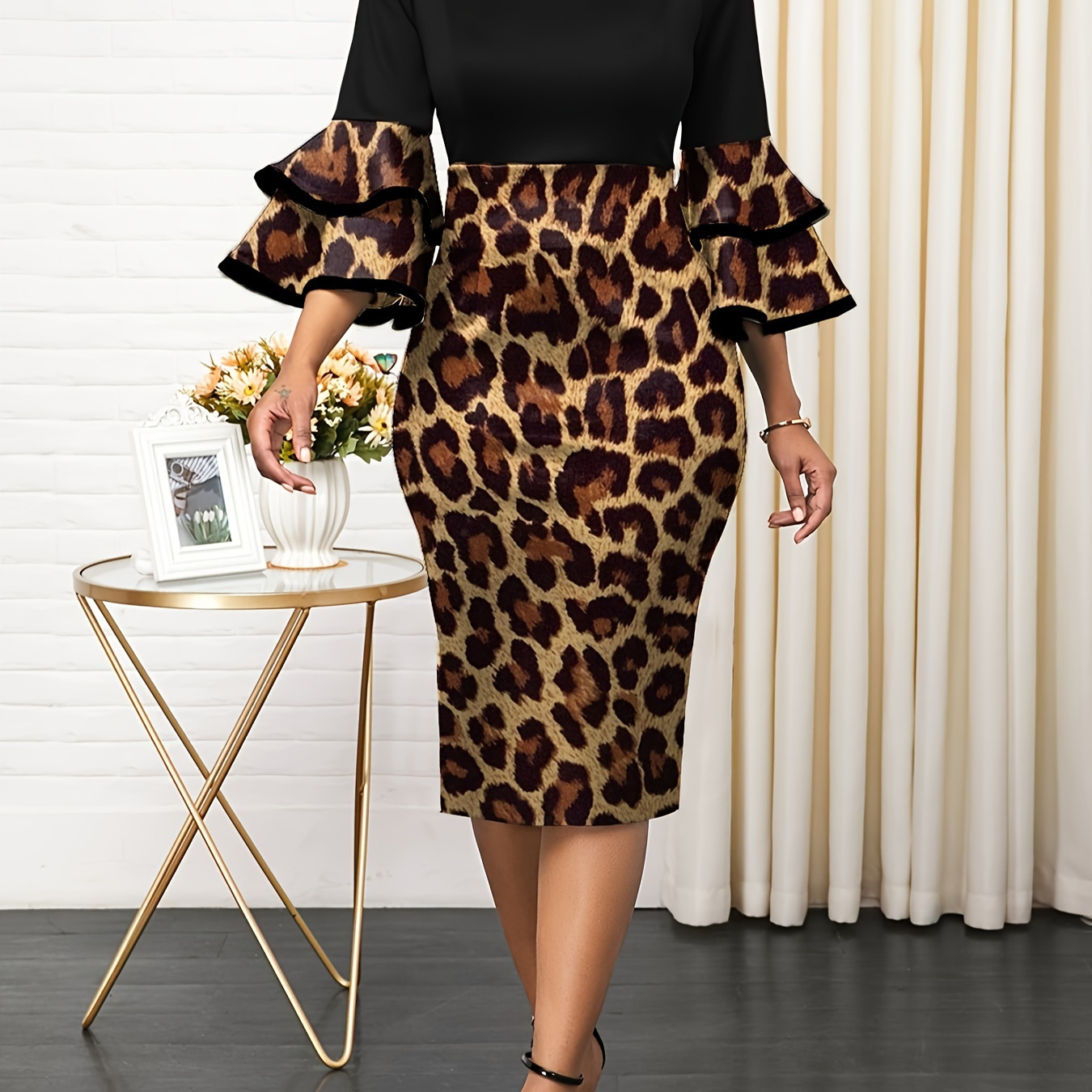 

Contrast Leopard Off Shoulder Dress, Elegant Layered Ruffle Sleeve Bodycon Dress, Women's Clothing