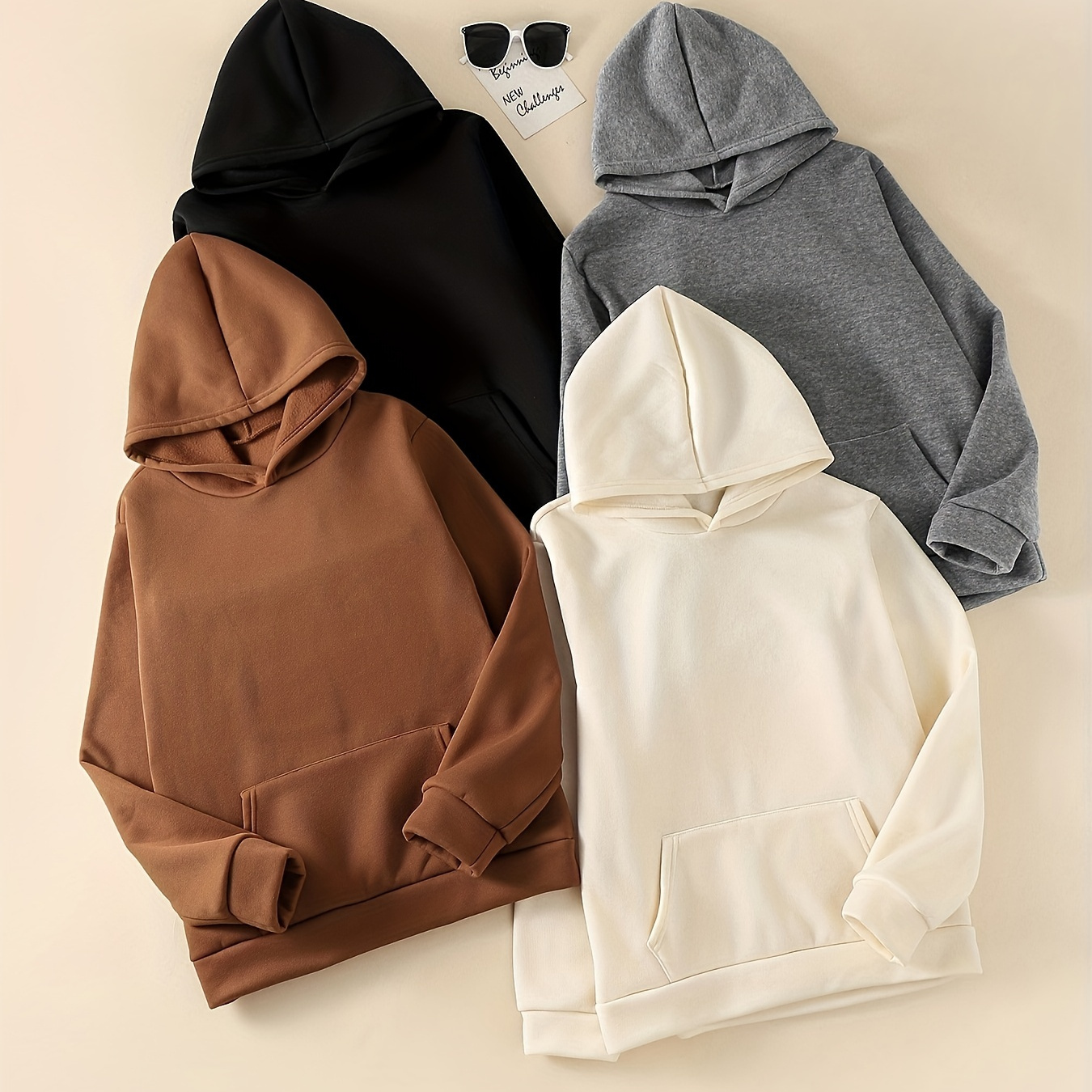 Casual Hoodies 4 Pack, Long Sleeve Solid Drawstring Hoodie, Women's Clothing
