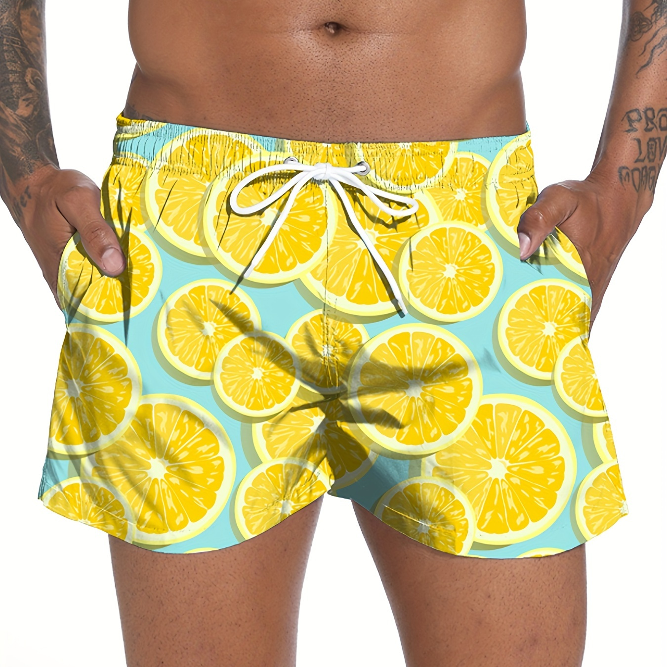 Bright Color Orange Pattern Quick Drying Mesh Lining Drawstring Swim Trunks With Pockets, Men's Pants Swimwear For Summer Beach Pool