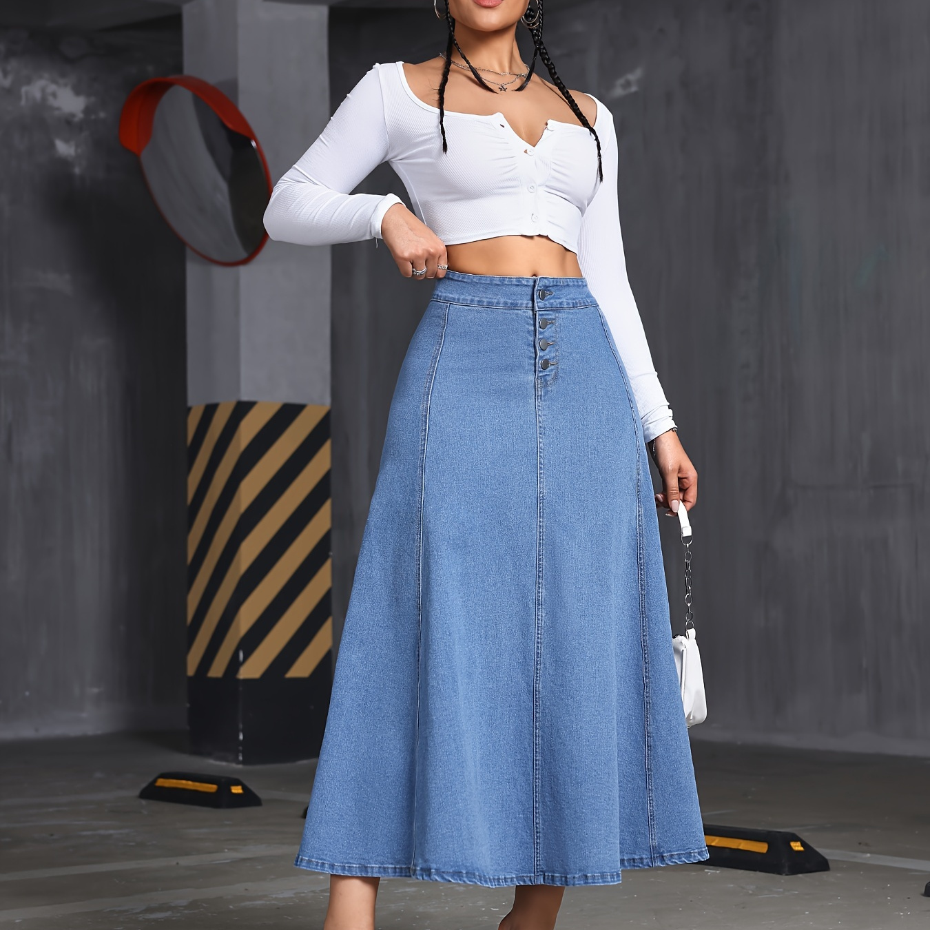 TEMU Plain Washed Blue Single-breasted Comfy Stretchy Maxi Denim Skirt, Women's Denim Jeans & Clothing