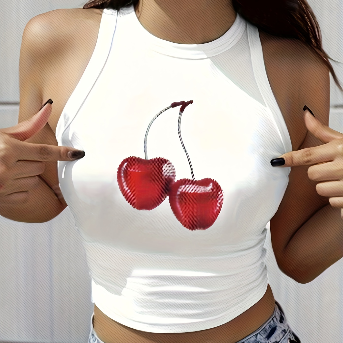 

Cherry Print Crop Tank Top, Casual Sleeveless Tank Top For Summer, Women's Clothing