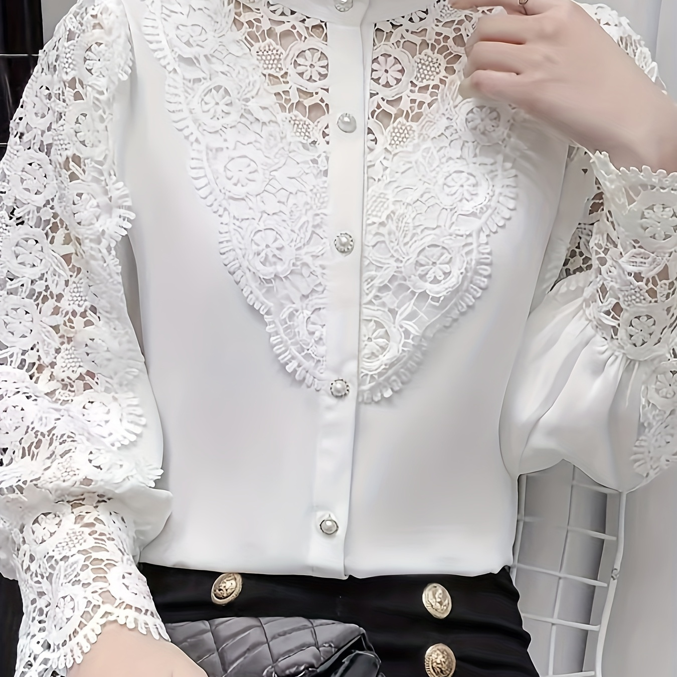 

Standing Collar Shirt, Women's New 2024 Early Autumn Outfit, Hollowed Out Patchwork Shirt, Temperament Long Sleeved Top