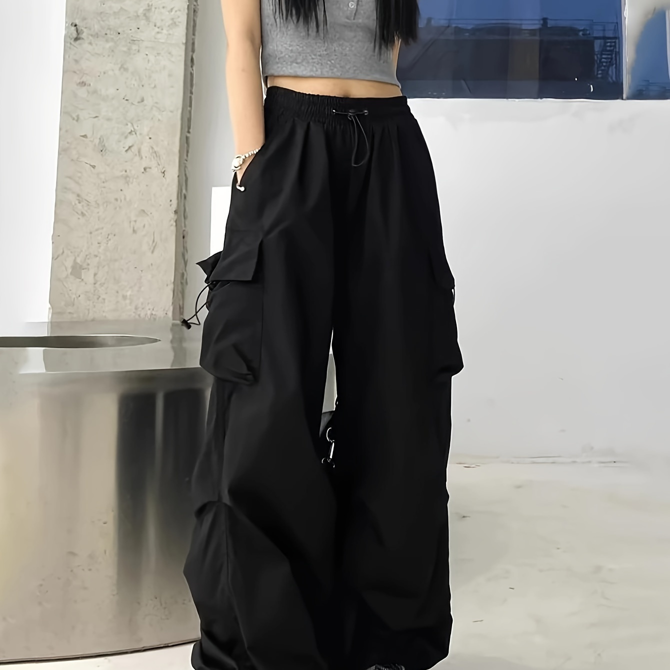 

Flap Pockets Wide Leg Cargo Pants, Streetwear Loose Drawstring Pants For Spring & Summer, Women's Clothing