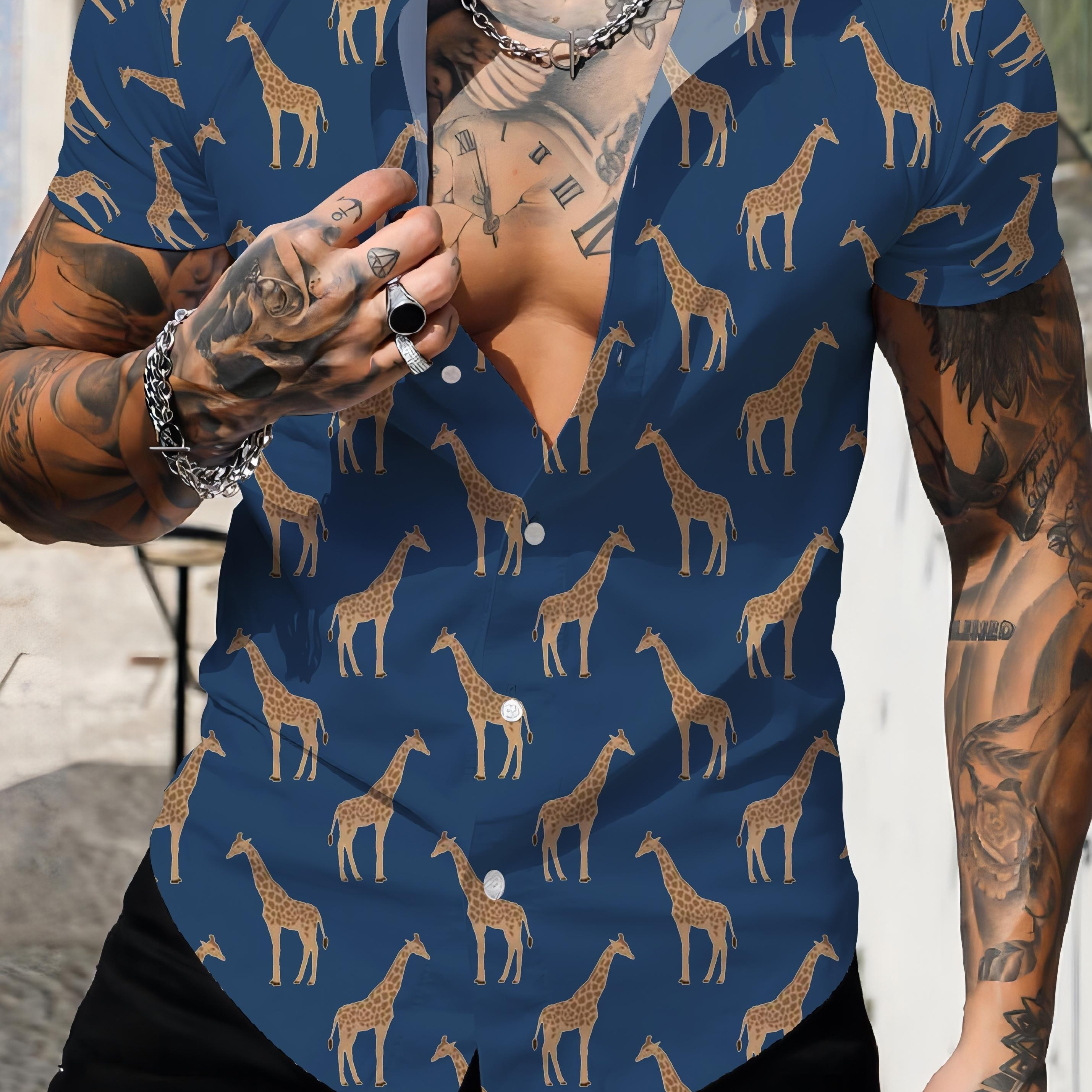 Men's Giraffe 3D Print Fashion Short Sleeve V-neck Button Down Shirts, Breathable Comfy Tops, Men's Summer Clothes, Men's Novelty Pajamas Tops