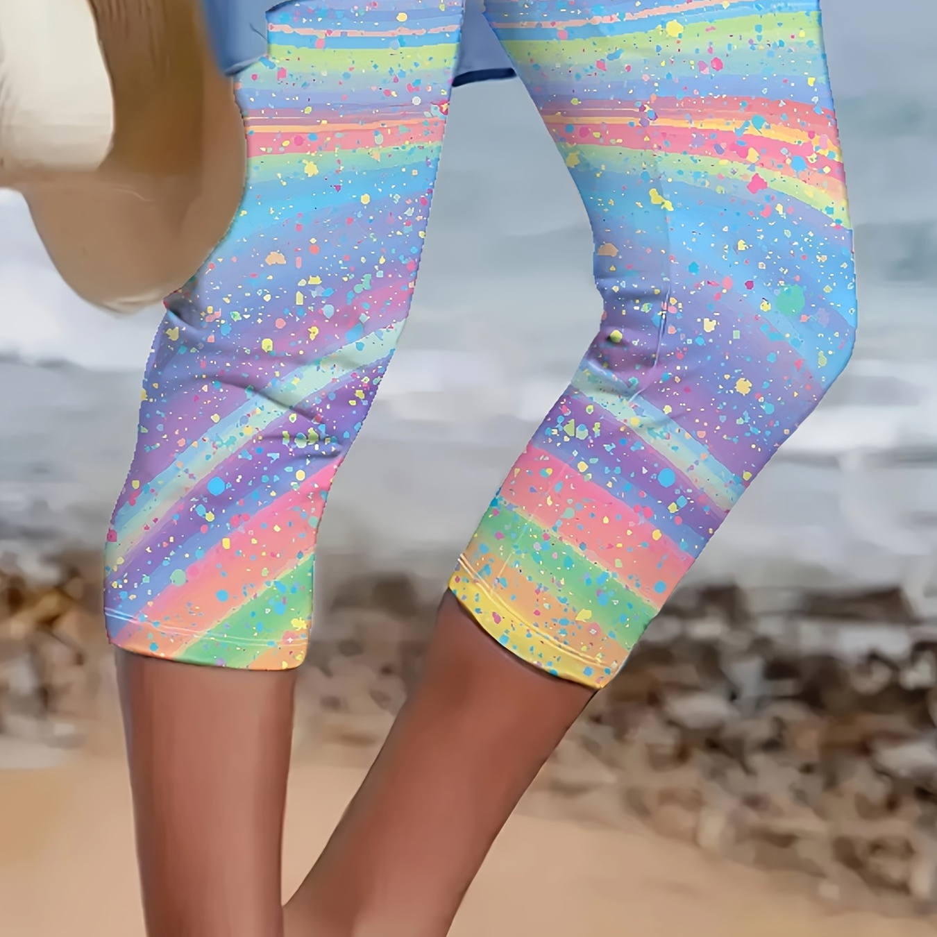 

Plus Size Colorful Print Capri Leggings, Casual High Waist Stretchy Leggings For Spring & Summer, Women's Plus Size Clothing