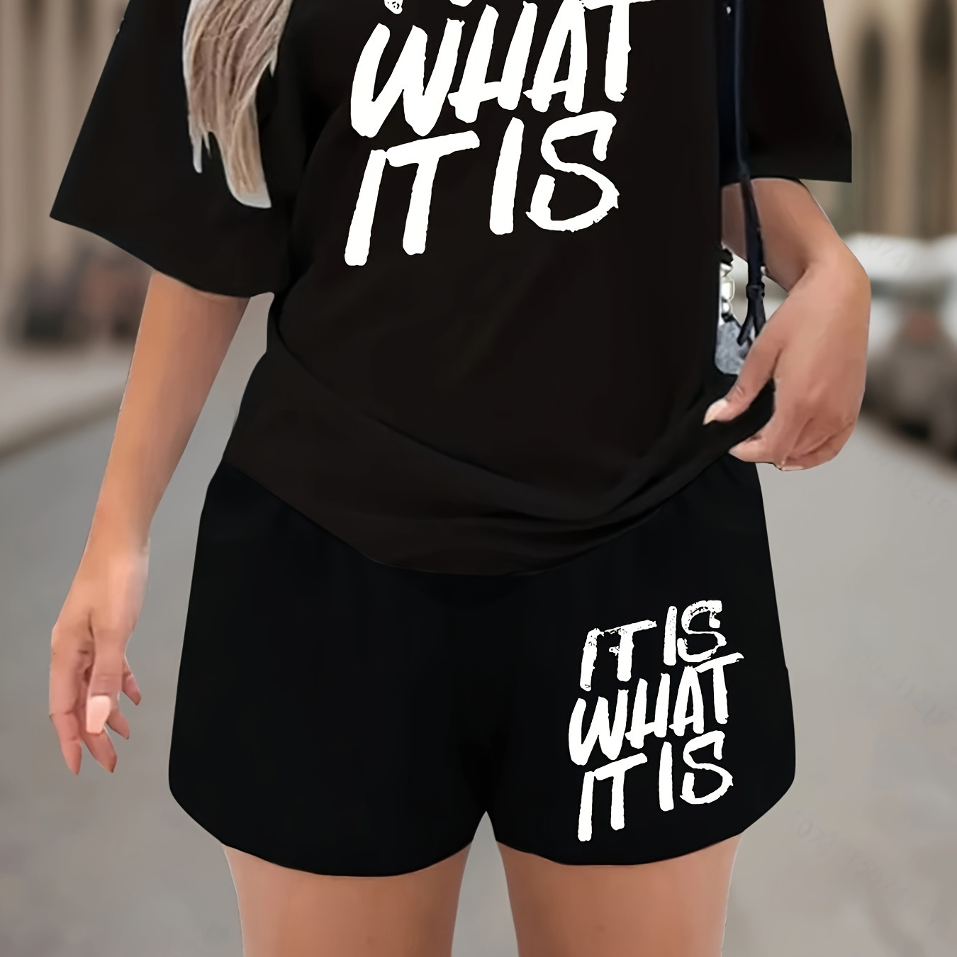 

2-piece Women's Athletic Set, Breathable "it Is What It Is" Printed T-shirt And Quick-dry Shorts, Casual Sporty Fashion Outfit