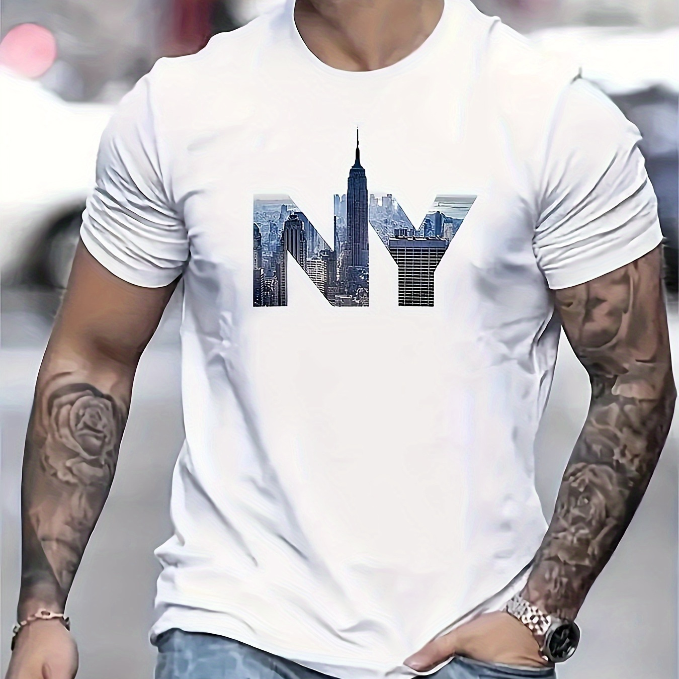 

1 Pc, 100% Cotton T-shirt, Ny Print Tees For Men, Casual Breathable T-shirt, Short Sleeve T-shirt For Running Training