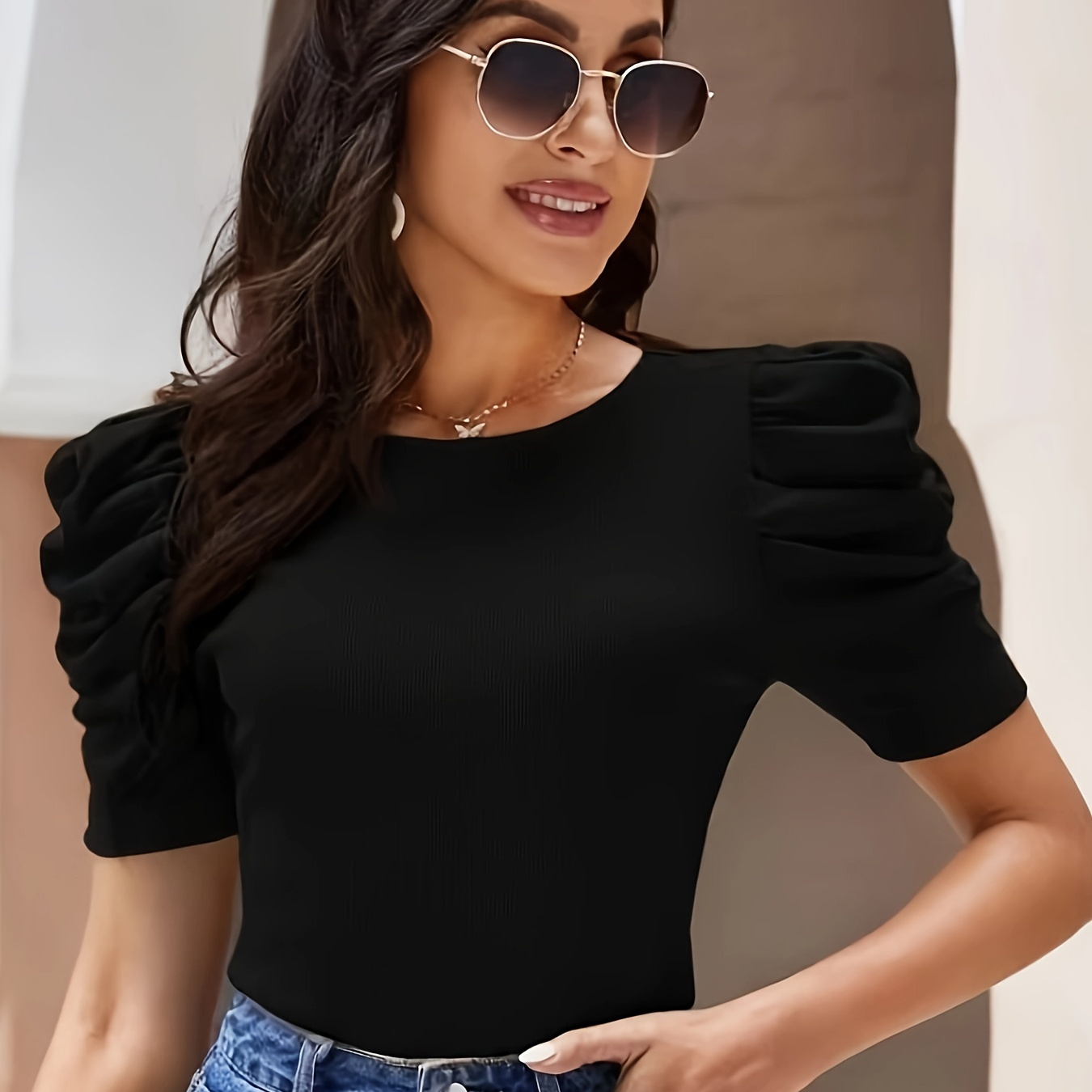 

Solid Color Crew Neck T-shirt, Elegant Puff Sleeve Slim Top For Spring & Summer, Women's Clothing