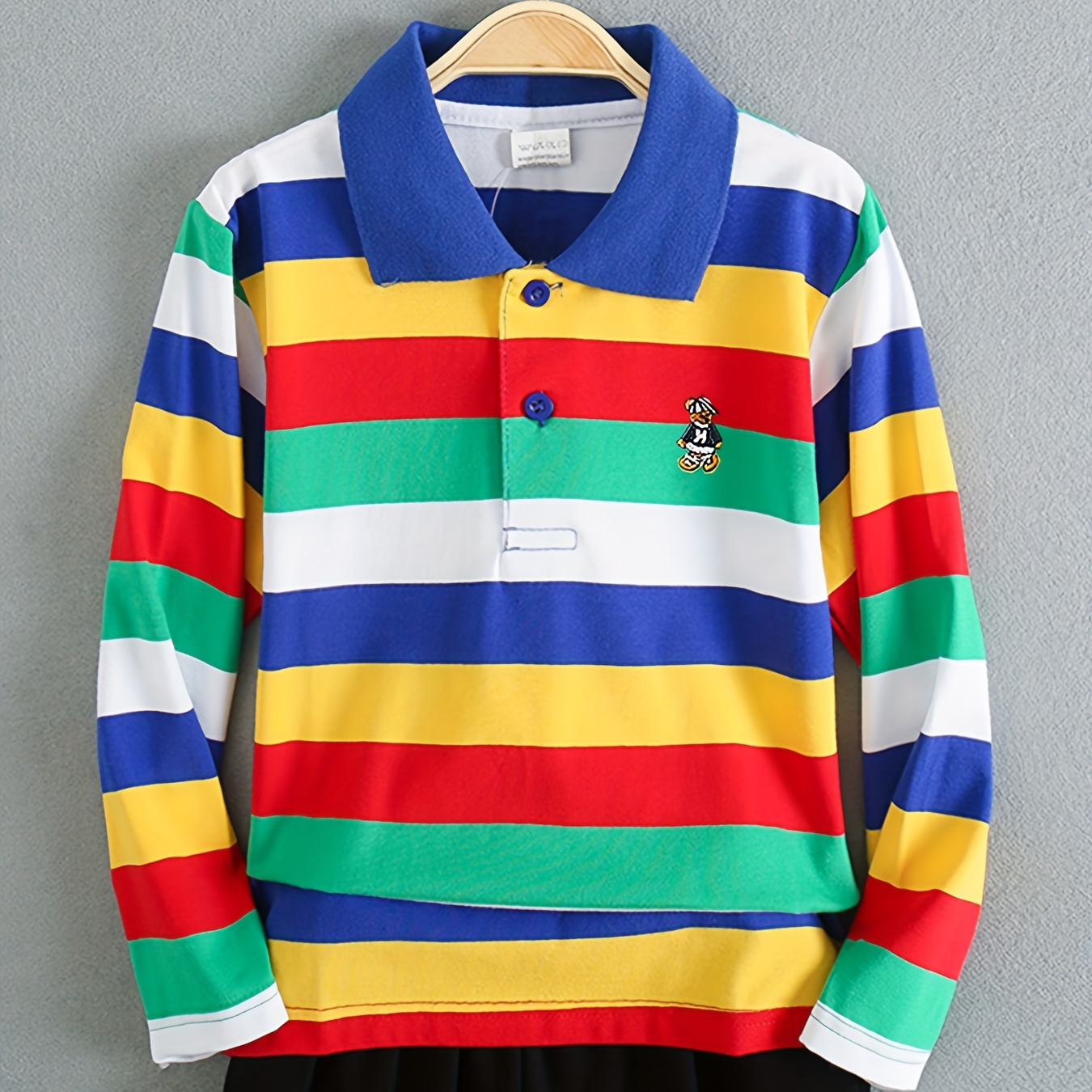 

Bear Print Boys Rainbow Striped Creative Shirt, Casual Lightweight Comfy Long Sleeve Lapel Tee Tops, Kids Clothes Outdoor