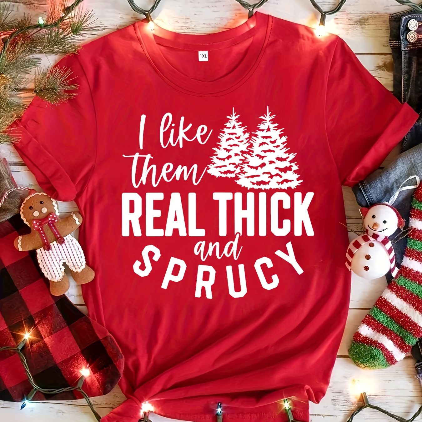 

Women's Plus Size Christmas T-shirt, Casual Round Neck, Cotton , Stretchy Knit Fabric, Festive Holiday Top For Teachers, Spring/summer Season, Red With "i Like Real Thick And " Print