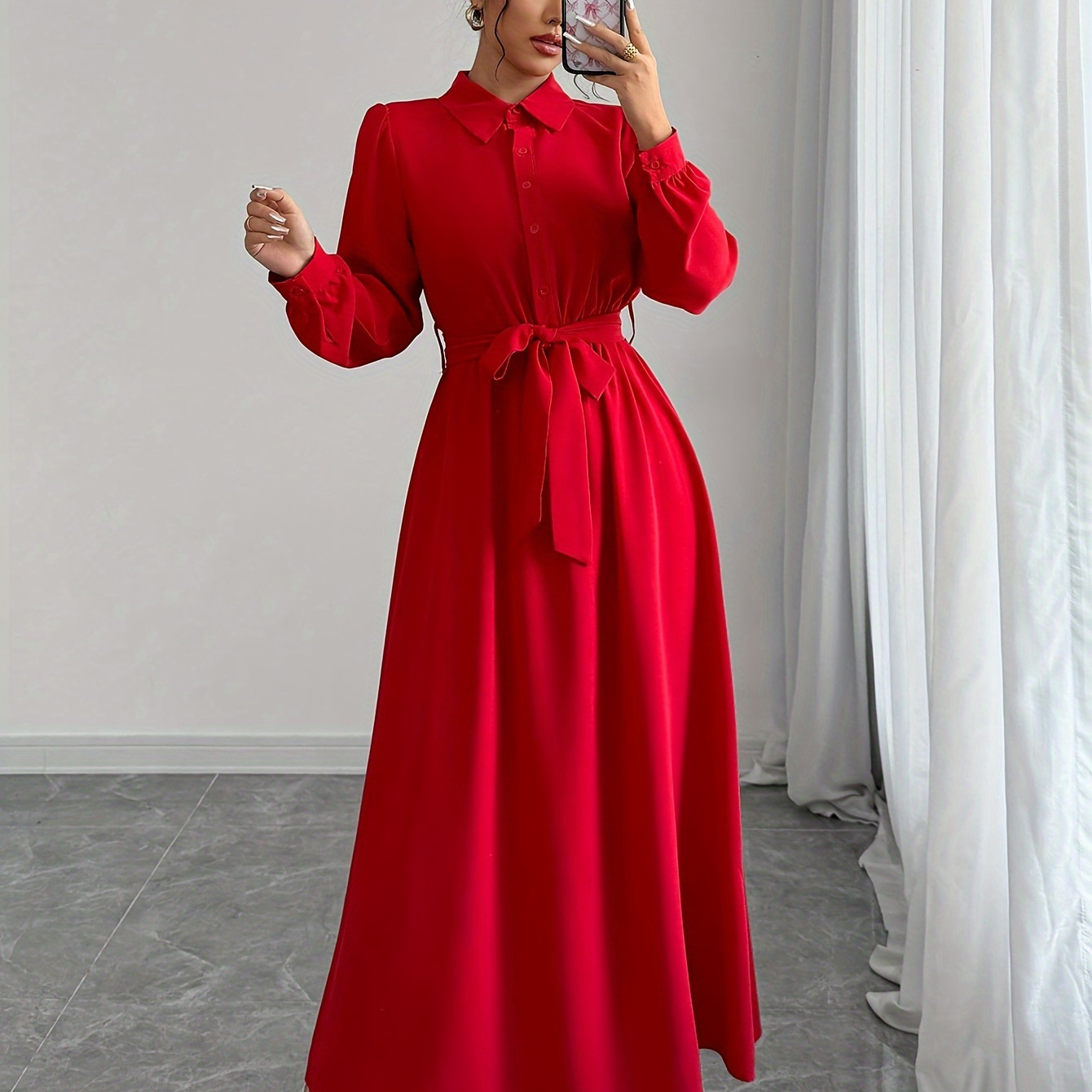 

Elegant Solid Color Midi Dress For Women - Polyester, Non-stretch, Machine Washable With Front Button Detail And Belted Waist, Elegant Style, All//all