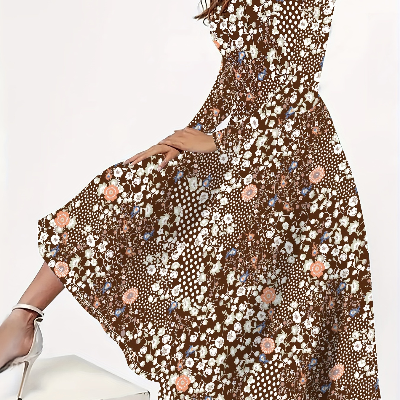 

Plus Size Floral Print Dress, Elegant Long Sleeve Crew Neck Dress For Spring, Women's Plus Size clothing