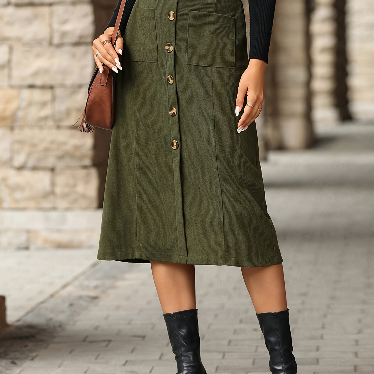 

Corduroy Midi Skirt With Front Button Detail, Waistband & Patch Pockets - Fall/winter Casual Or Commuter Wear, | Sophisticated Style | Stylish Ensemble