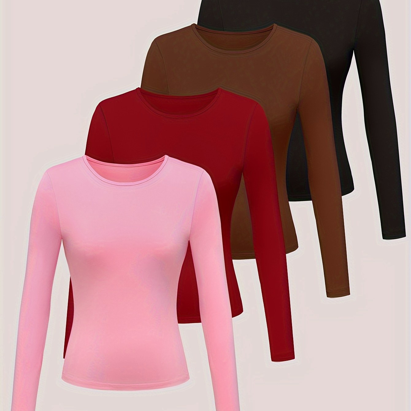 

Solid Color T-shirt 4 Packs, Versatile Long Sleeve Crew Neck Slim T-shirt For Spring & Fall, Women's Clothing