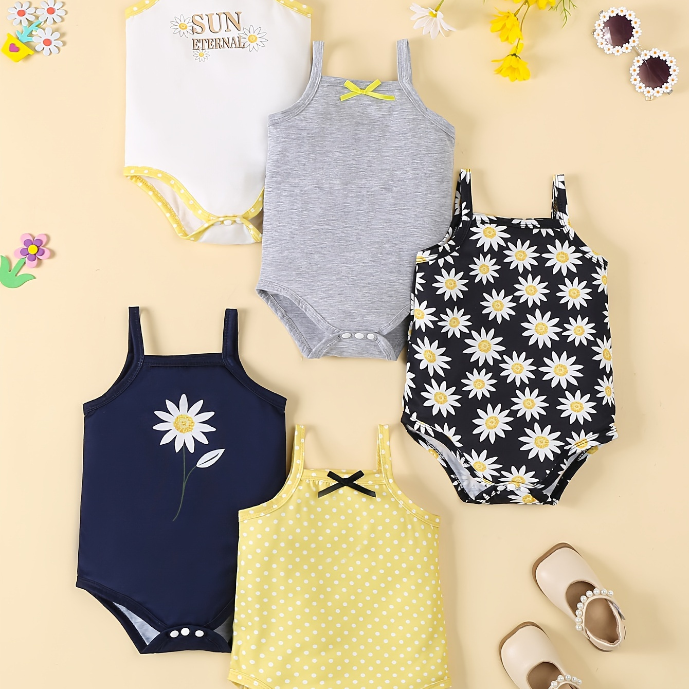 

5pcs Baby's Cartoon Flower Print Triangle Onesie, Comfy Casual Sleeveless Romper, Toddler & Infant Girl's Bodysuit For Summer