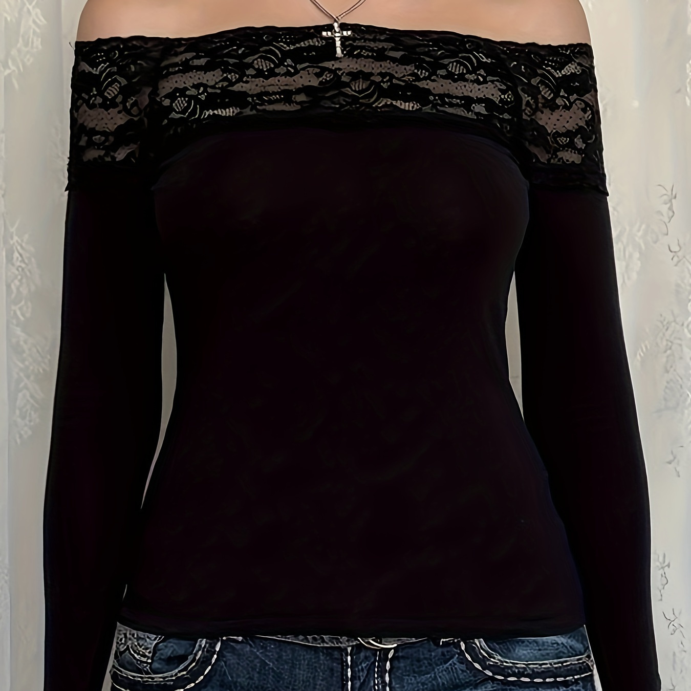 

Contrast Lace Off-shoulder T-shirt, Chic Long Sleeve Top For Spring & Fall, Women's Clothing