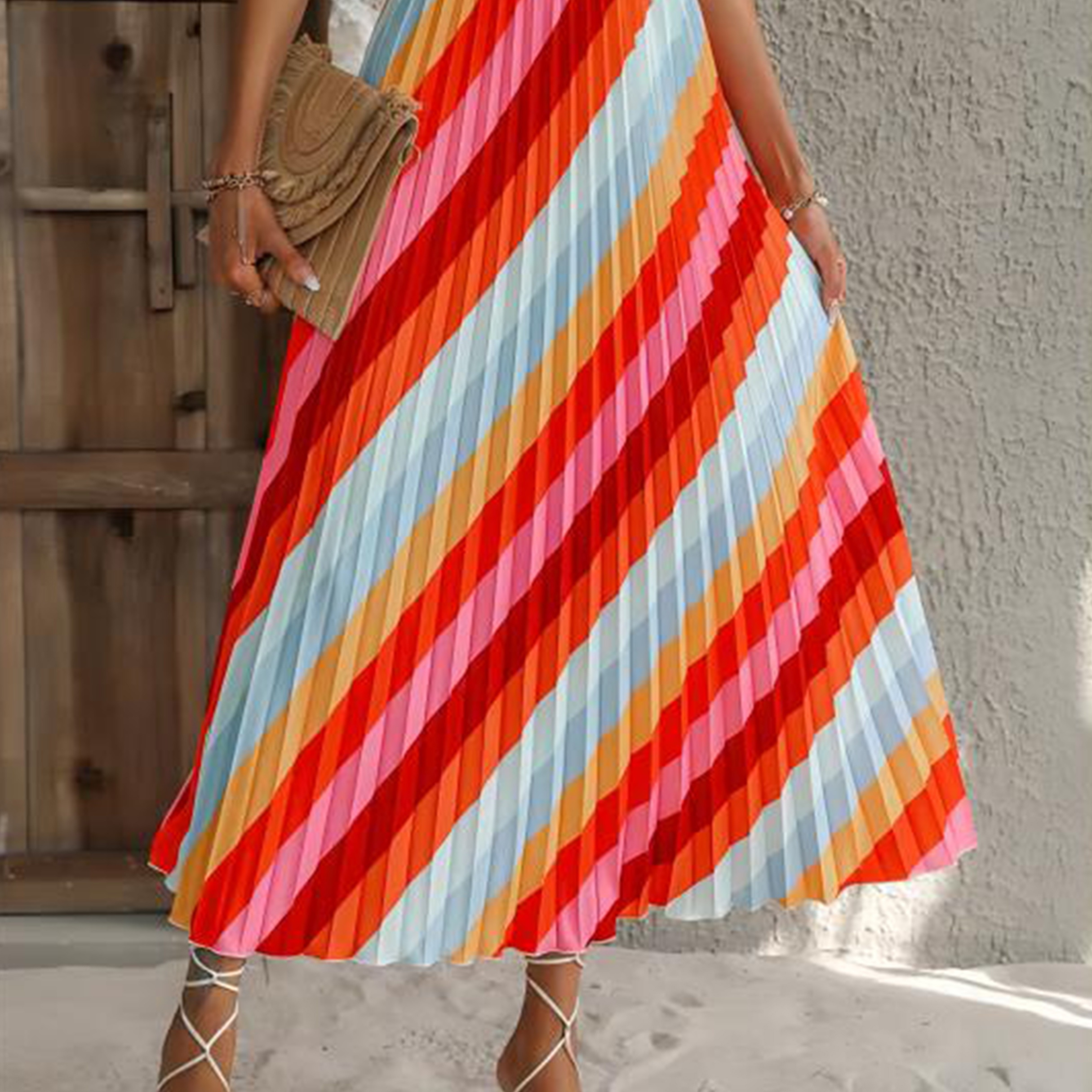 

Color Block Pleated Skirt, Elegant High Waist Skirt For Spring & Summer, Women's Clothing