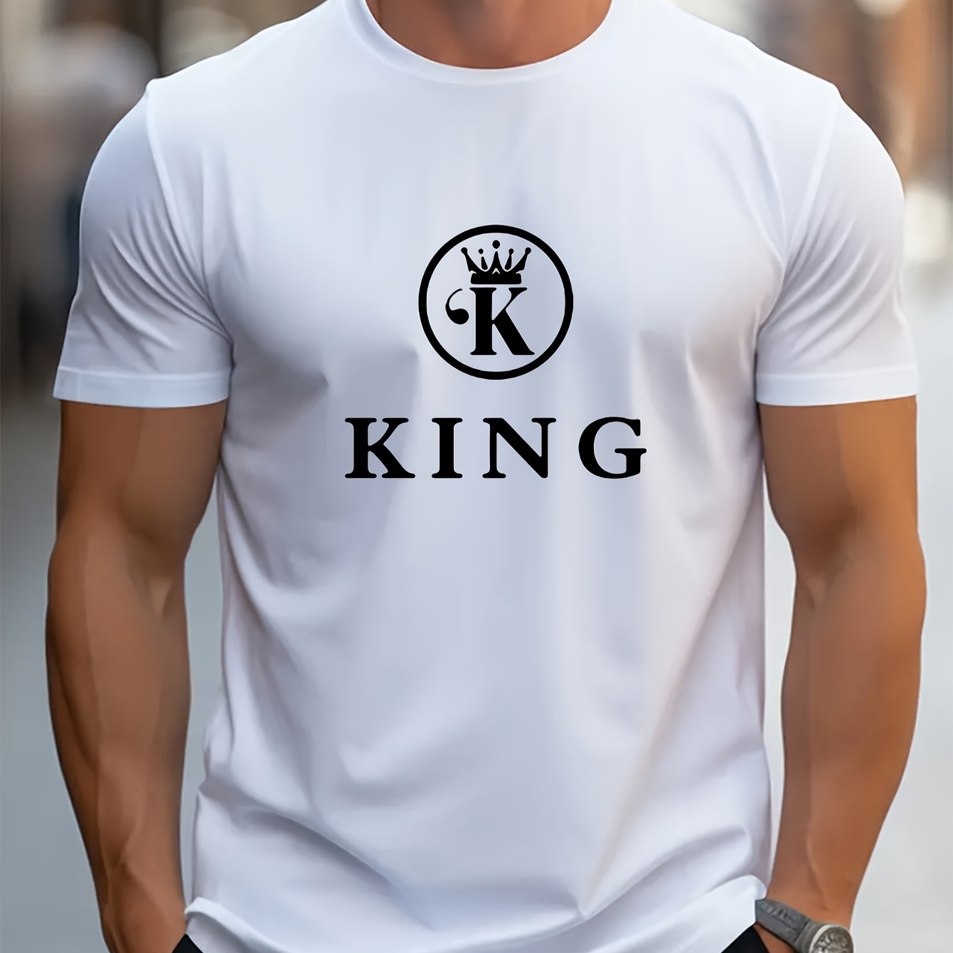 

King Print Men's Short Sleeve T-shirts, Comfy Casual Elastic Crew Neck Tops For Men's Outdoor Activities