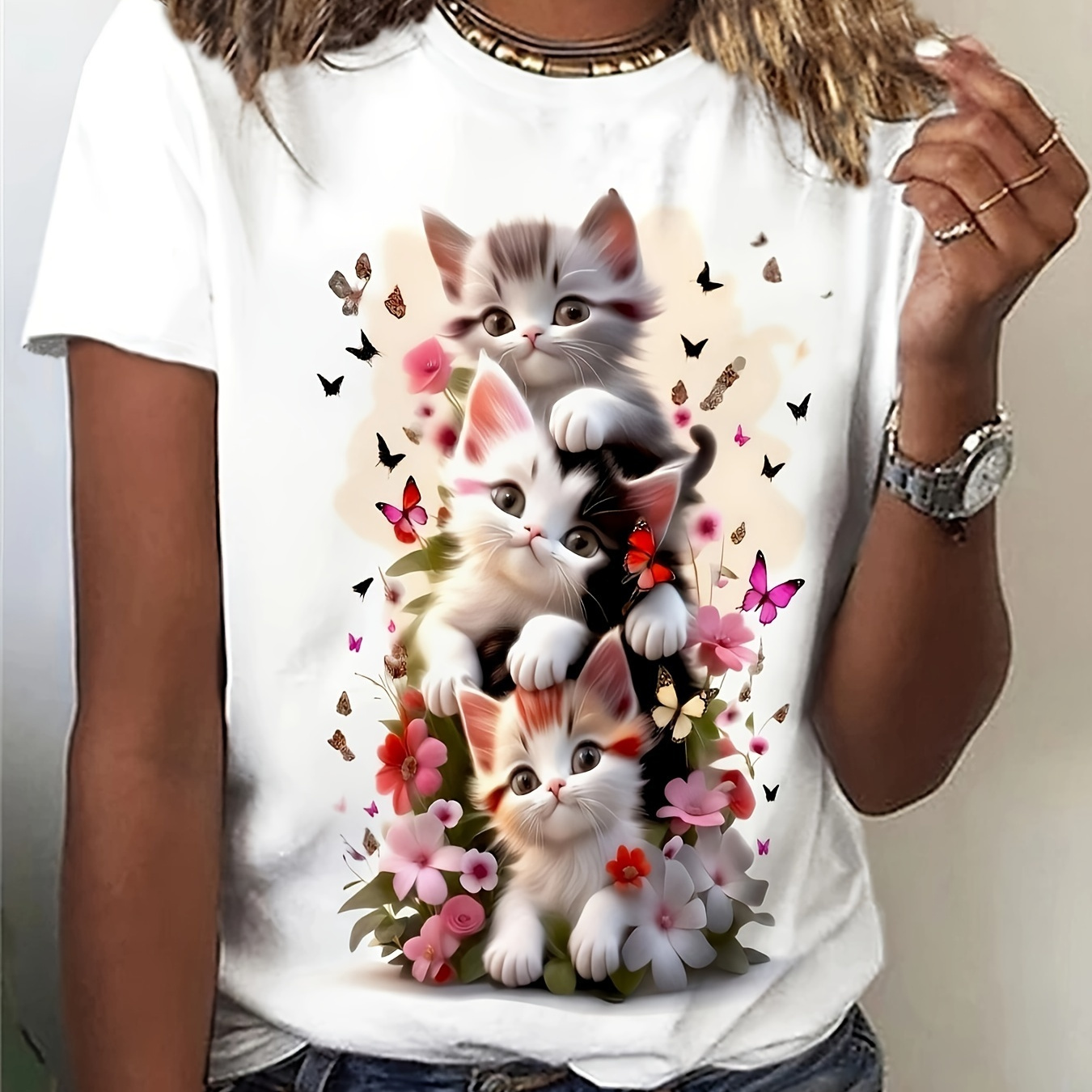 

T-shirt À Col Rond Avec Imprimé Chat Mignon, T-shirt Décontracté À Manches Courtes Pour Et L'été, Vêtements Pour Femmes