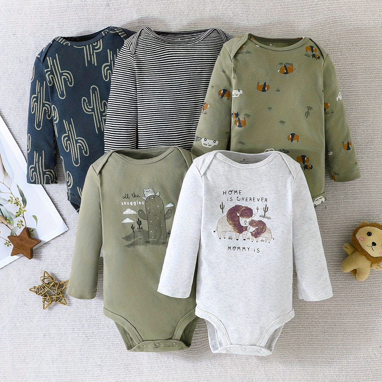 

5pcs, Cactus Pattern Cotton Bodysuit For Baby Boys