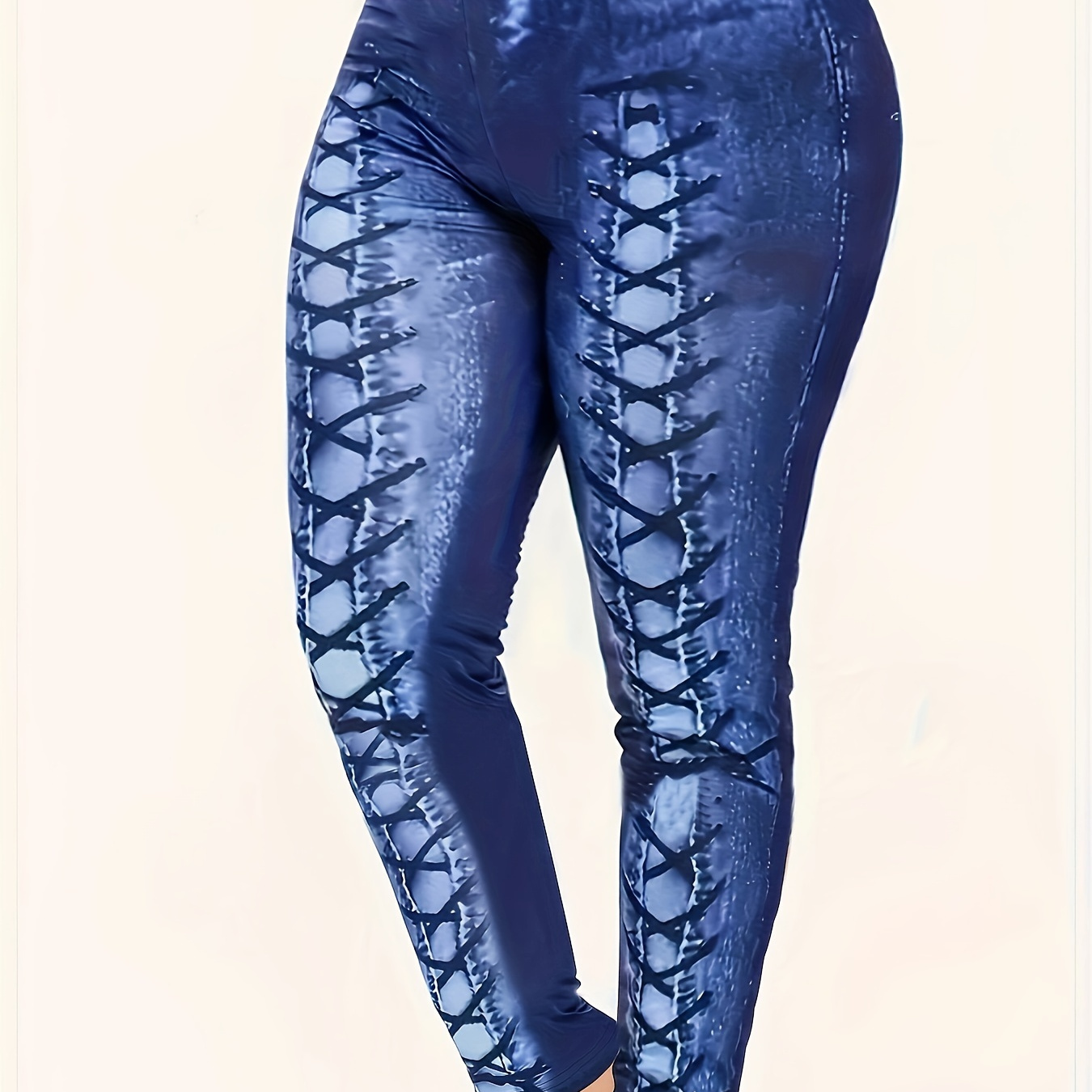 

Plus Size Casual Pants, Women's Plus Imitation Denim Print High Rise Medium Stretch Skinny Leggings