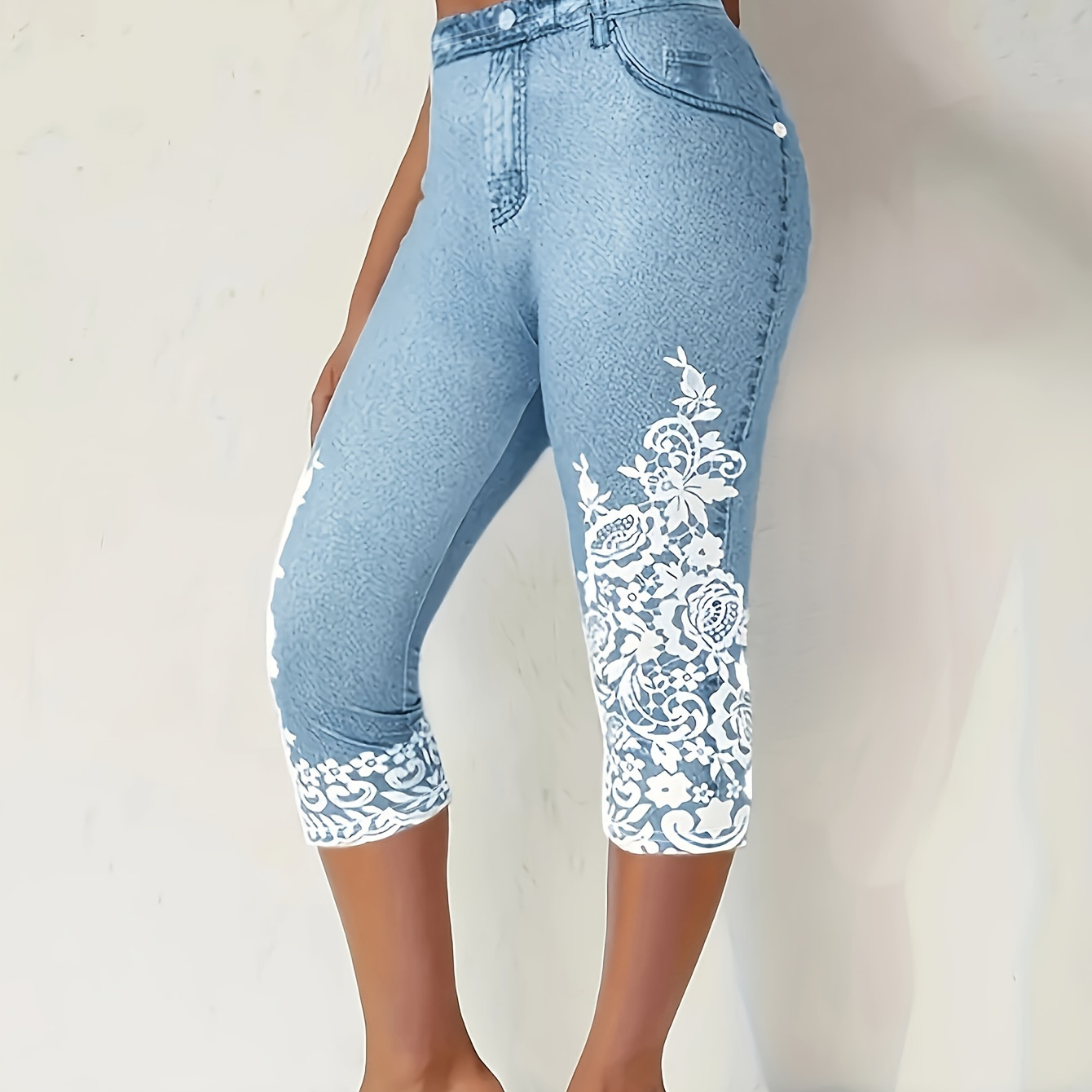 

Women's Casual Faux Denim Print Capri Leggings With Floral Print, Stretchy Skinny Faux Jeans, Mid-rise, Comfort Fit, Fashion Bottoms, Summer Wear