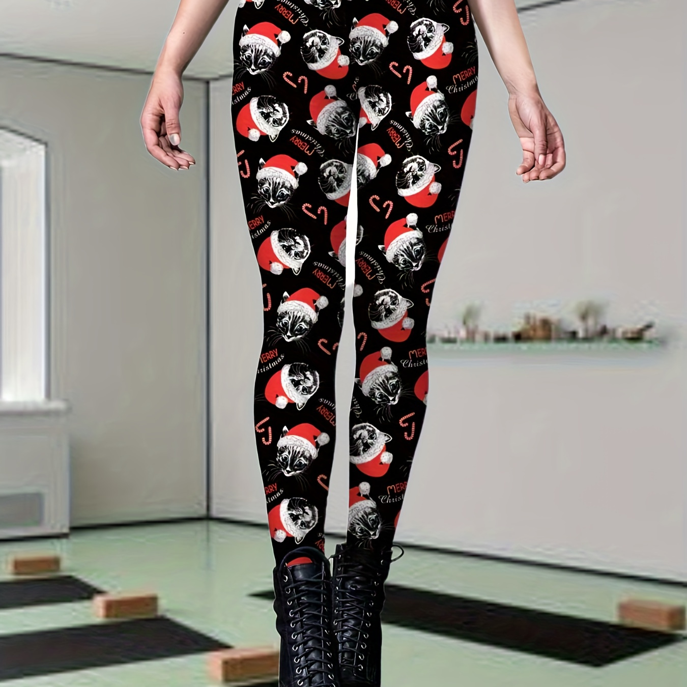 Christmas Cat Print Skinny Leggings Cute Elastic Waist - Temu