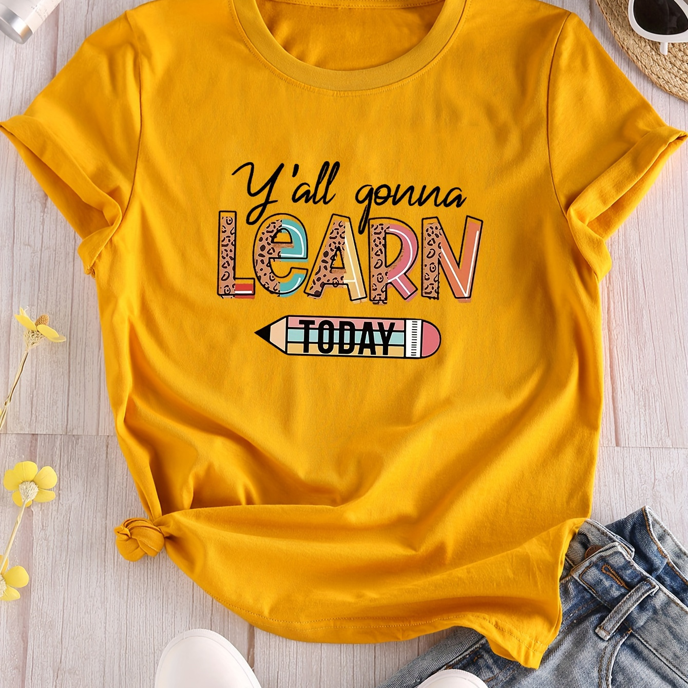 

Learn Letter Print T-shirt, Casual Crew Neck Short Sleeve Top For Spring & Summer, Women's Clothing