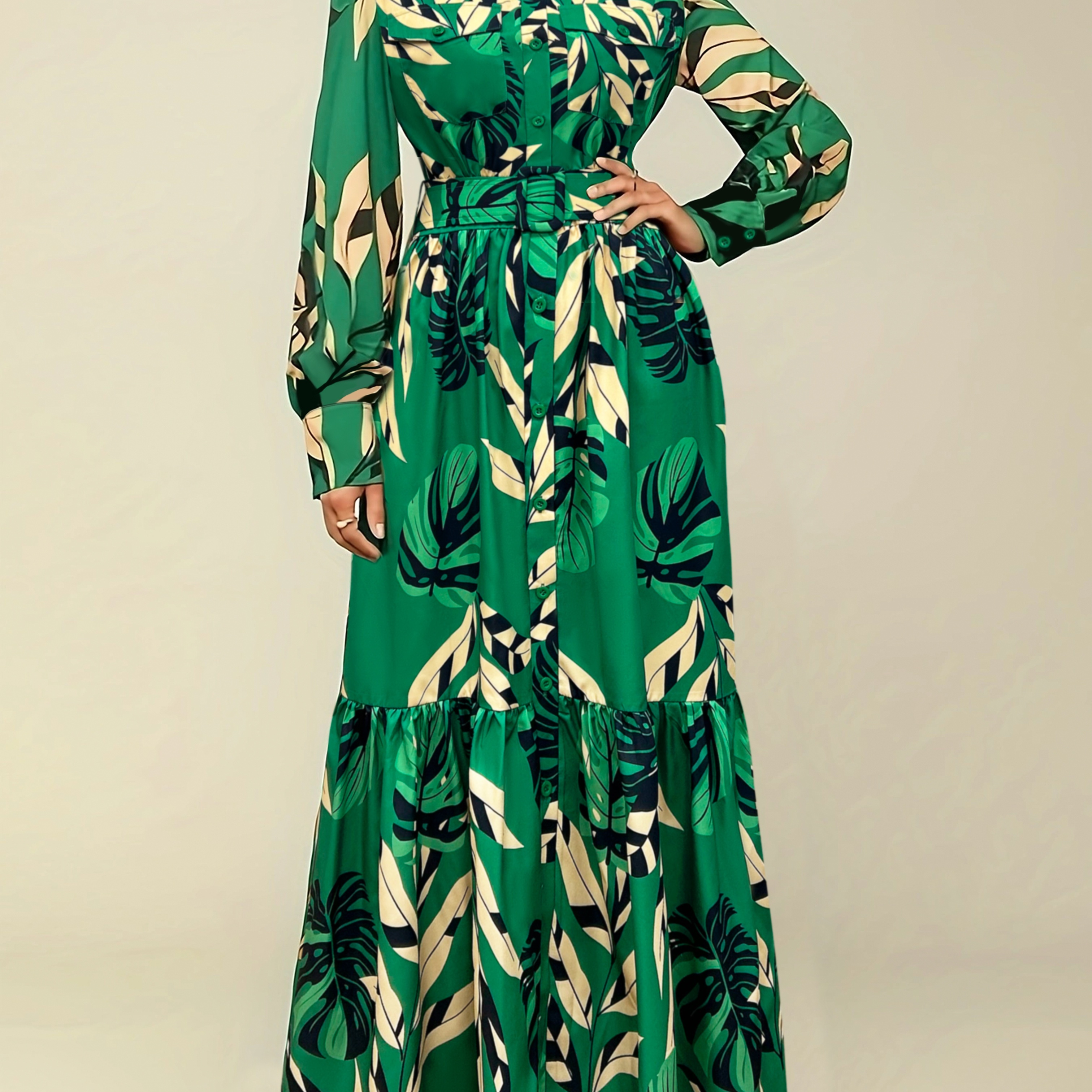 

Plants Print Botton Front Dress, Elegant Belted Maxi Length Long Sleeve Dress For Spring & Summer, Women's Clothing