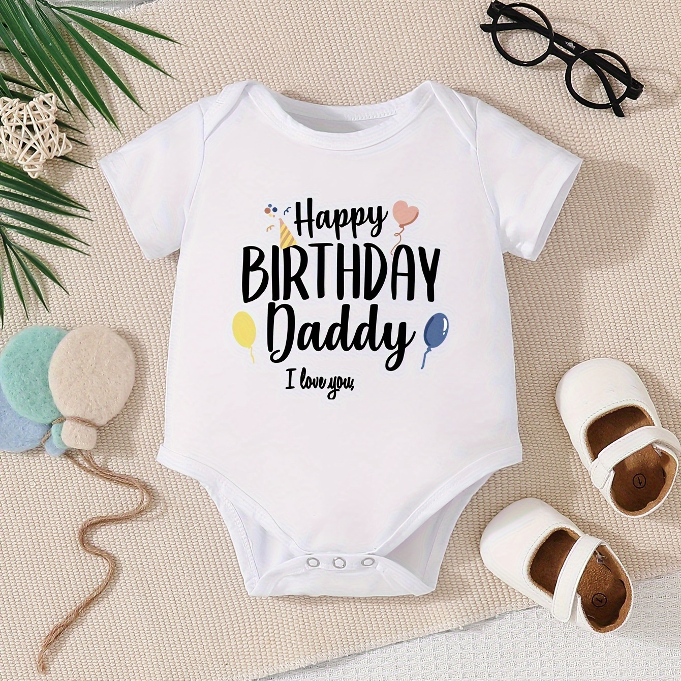 

Infant's Happy Birthday Daddy Letter Print Bodysuit, Comfy Short Sleeve Onesie, Baby Boy's Clothing