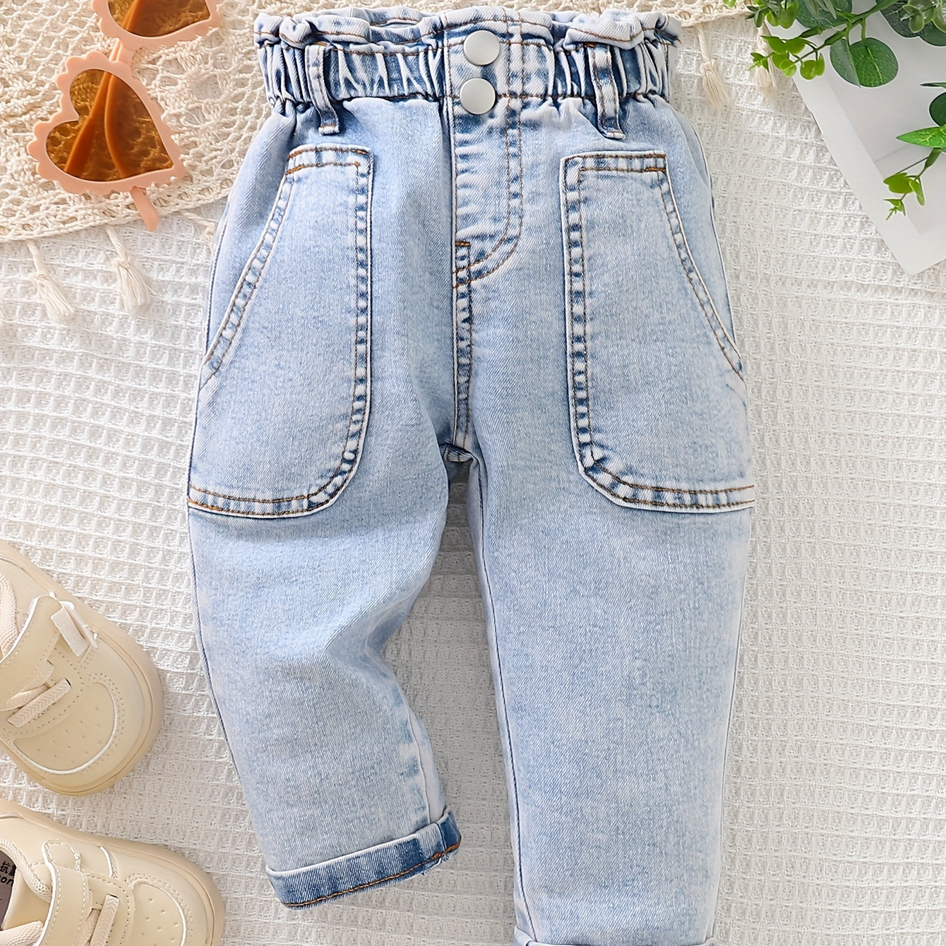 

Baby's Trendy Pocket Patched Jeans, Casual Elastic Waist Denim Pants, Infant & Toddler Girl's Clothing For Fall Spring