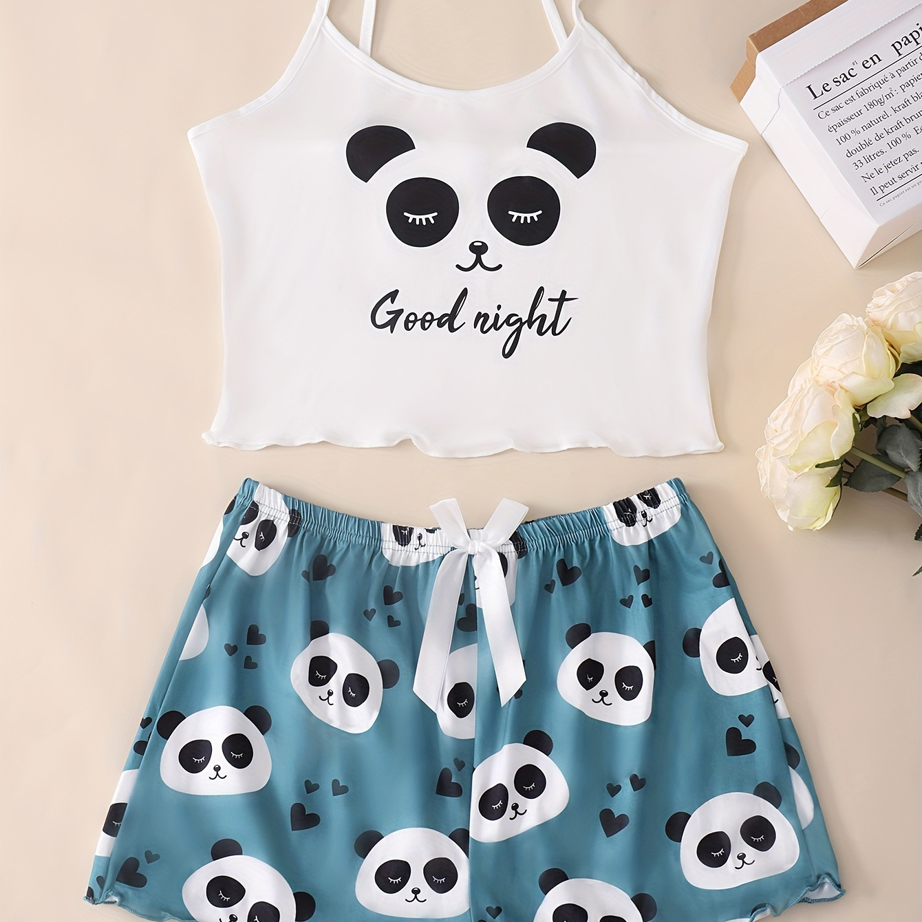 

Cute Panda Print Trim Pajama Set, Round Neck Backless Cami Top & Bow Shorts, Women's Sleepwear