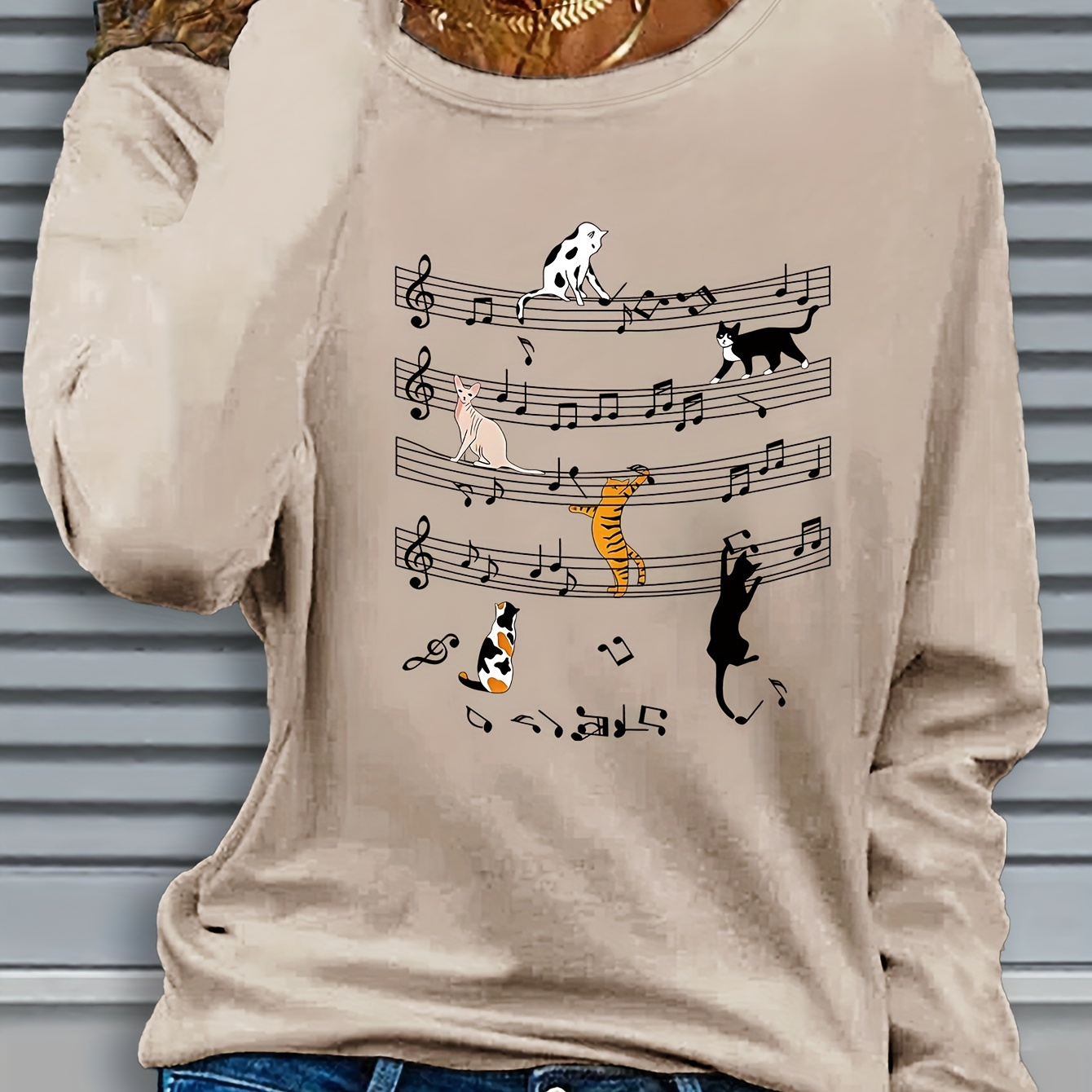 

Femmes Polyester Manches Longues Col Rond T-Shirt Décontracté, Pullover Coupe Régulière avec Léger Stretch, avec Motif Appliqué Chat Musical, pour Automne/Hiver