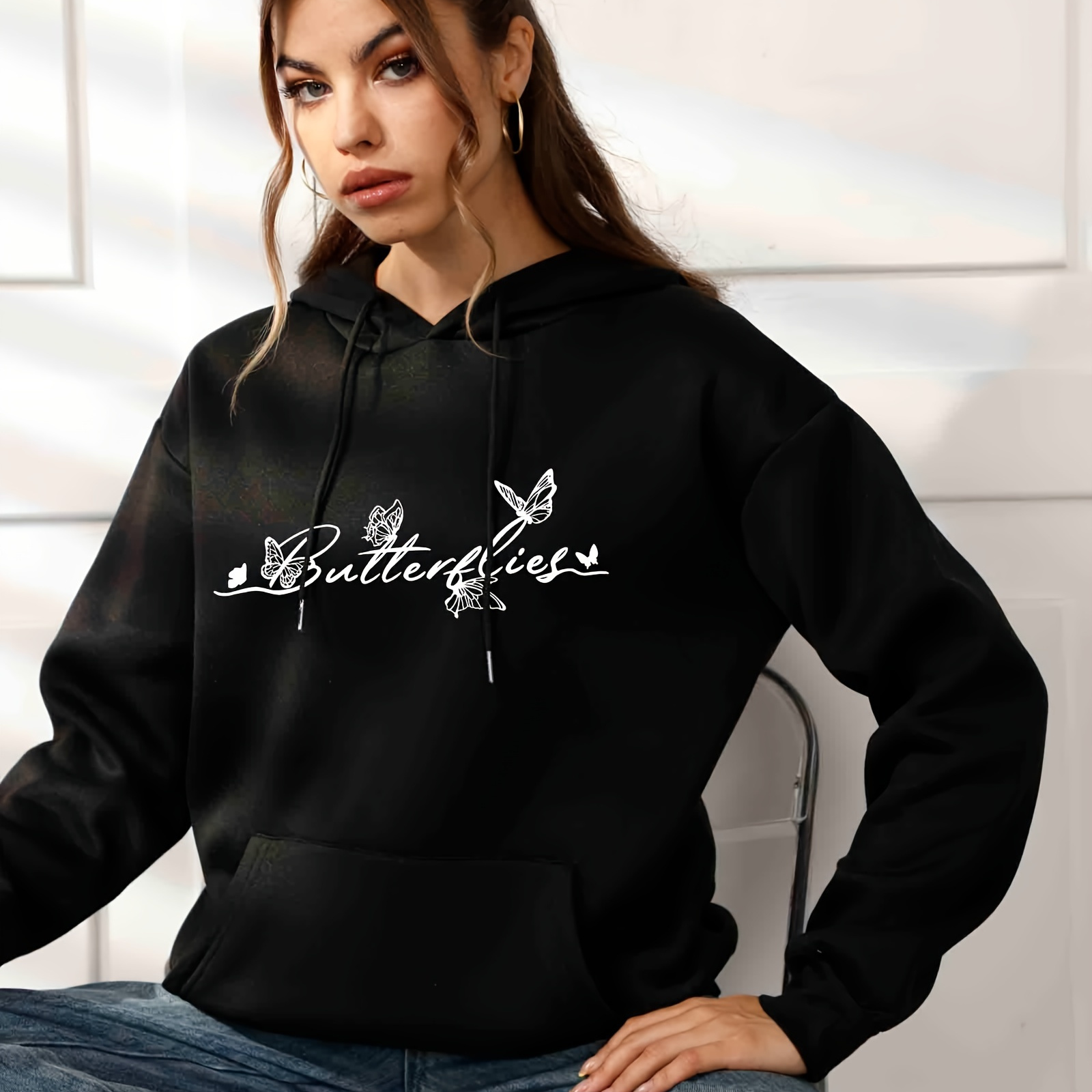 

Letter And Butterfly Print Drawstring Sports Hooded Sweatshirts, Long Sleeve Casual Sports Pullover Hoodie Top With Pocket, Women's Sporty Sweatshirts