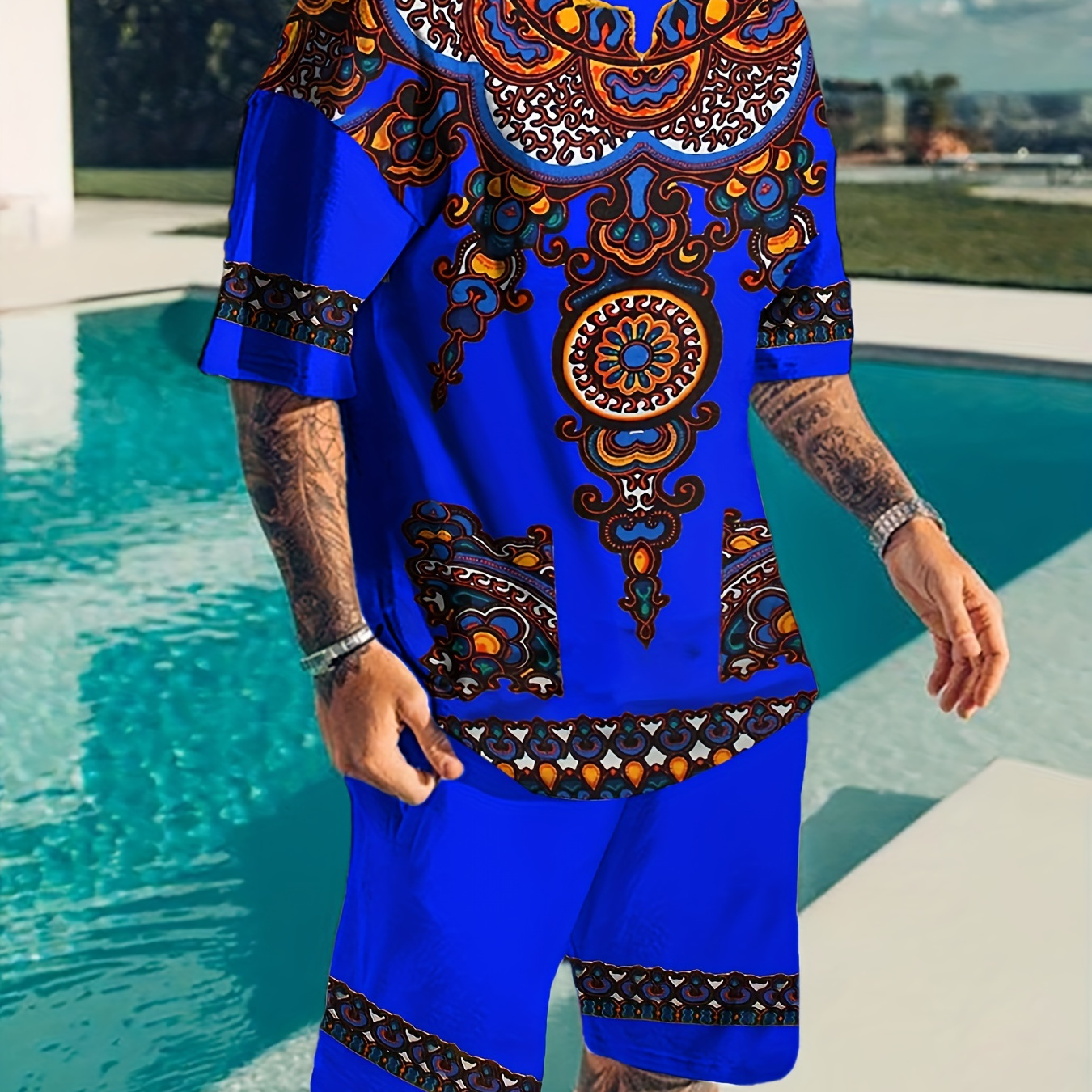 

Men's Novelty Comfortable Breathable Casual Sportswear 2-piece Set, Fashionable Loungewear With Vibrant Ethnic Pattern, Relaxed Fit Short Sleeve Top And Shorts Combo