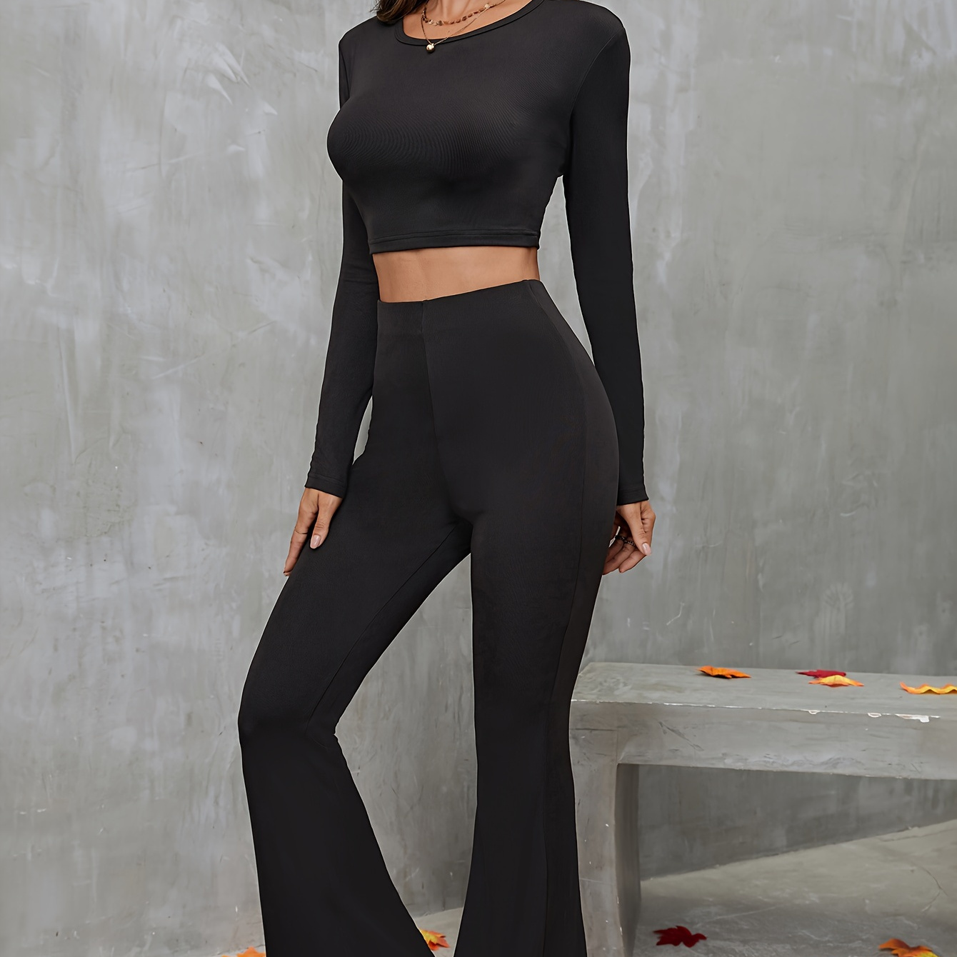 Casual Solid Two piece Set Puff Sleeve Crop Top Flare Pants - Temu