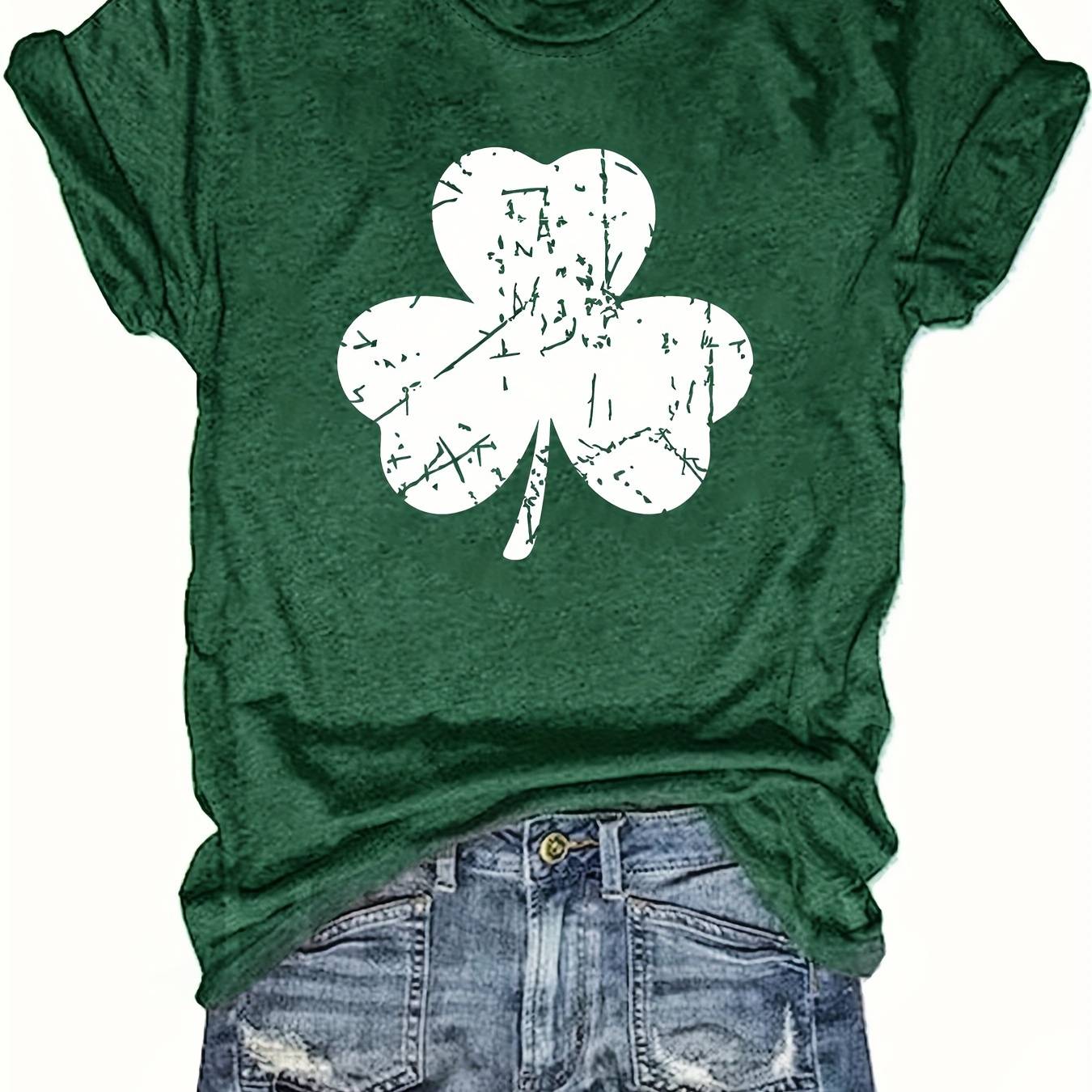 

Clover Print T-shirt, Short Sleeve Crew Neck Casual Top For Summer & Spring, Women's Clothing