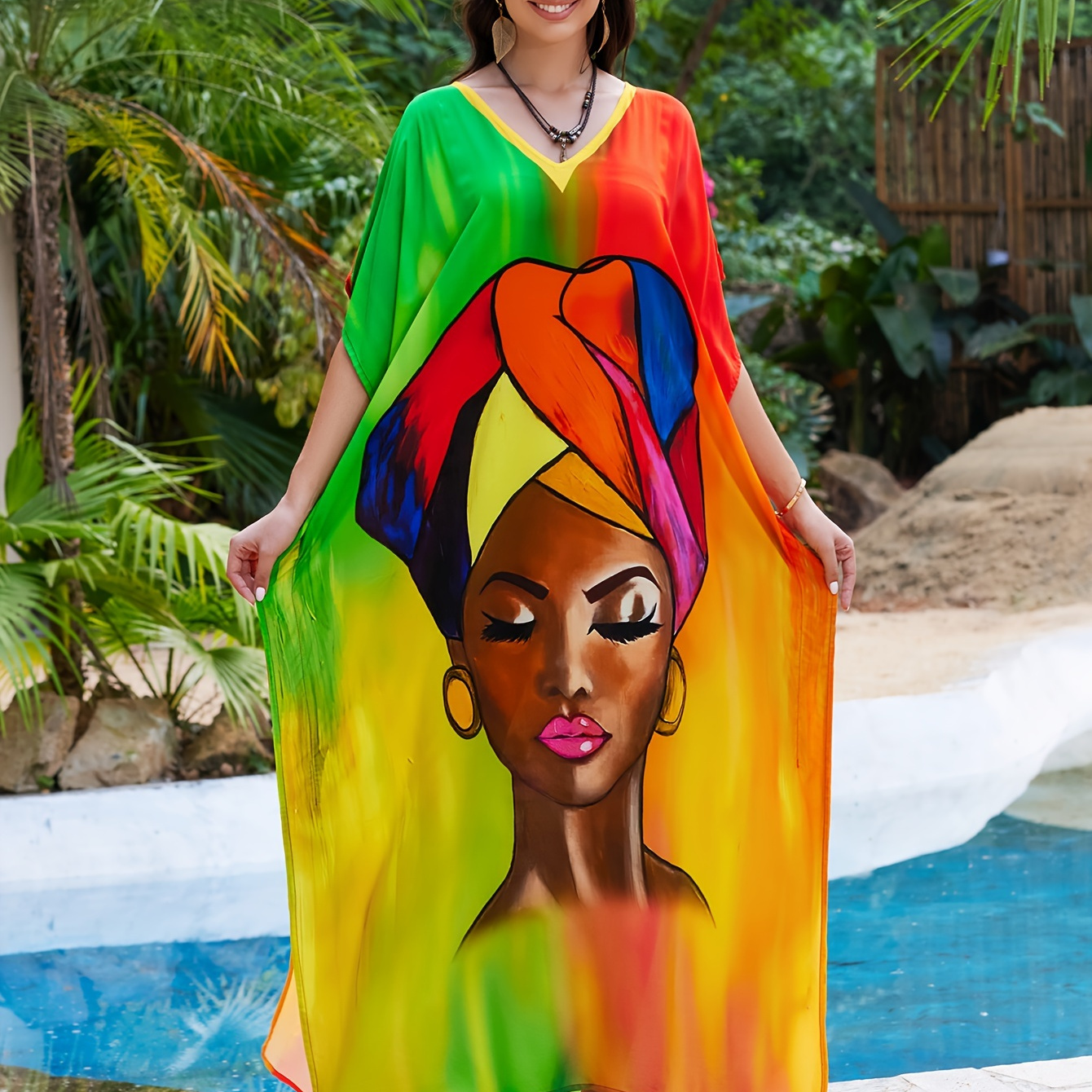 

Chic Women's Kaftan Beach Cover-up - Vibrant Print, Loose Fit With Side Slits, Sun Protection, Machine Washable