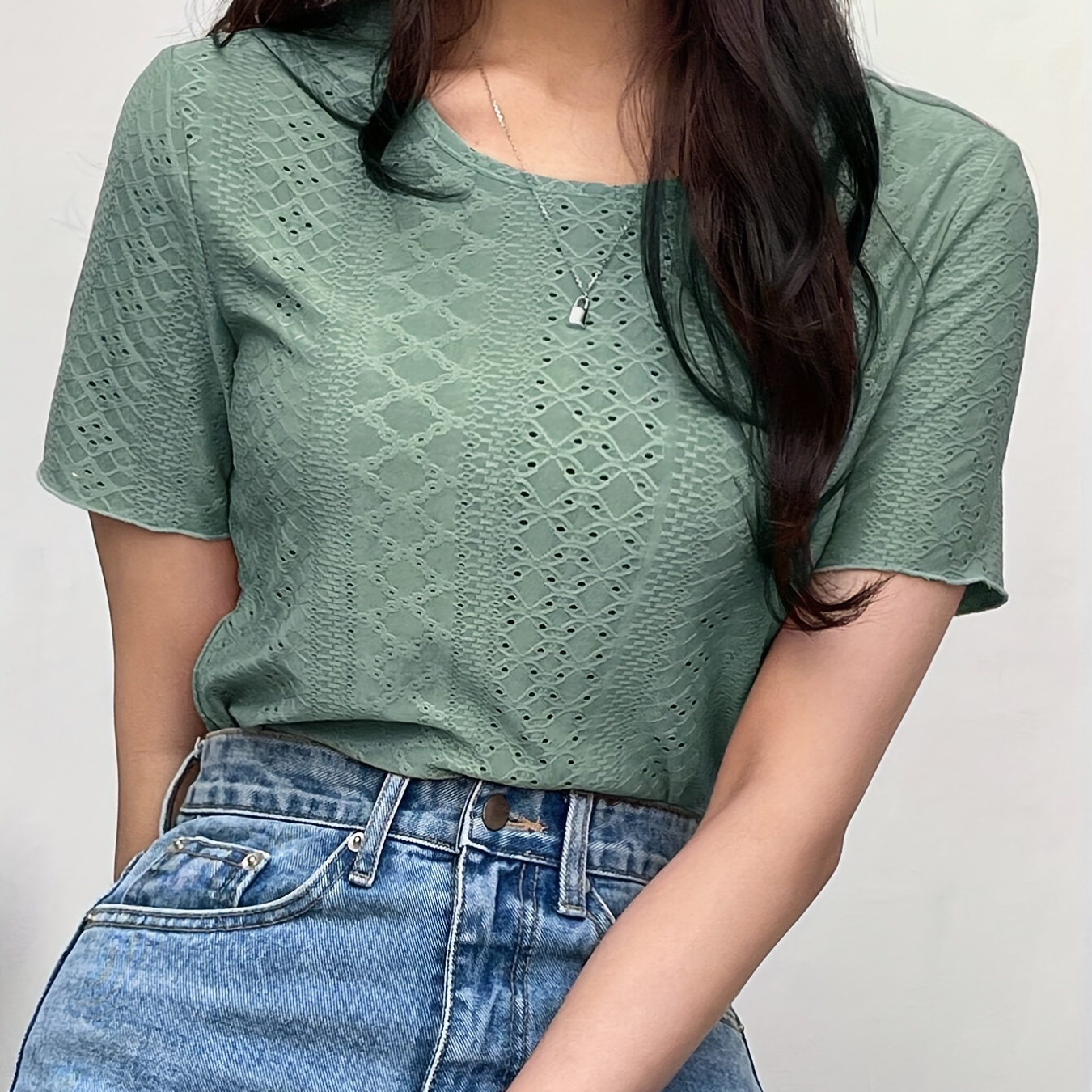 

Eyelet Embroidered Crew Neck T-shirt, Elegant Short Sleeve T-shirt For Spring & Summer, Women's Clothing